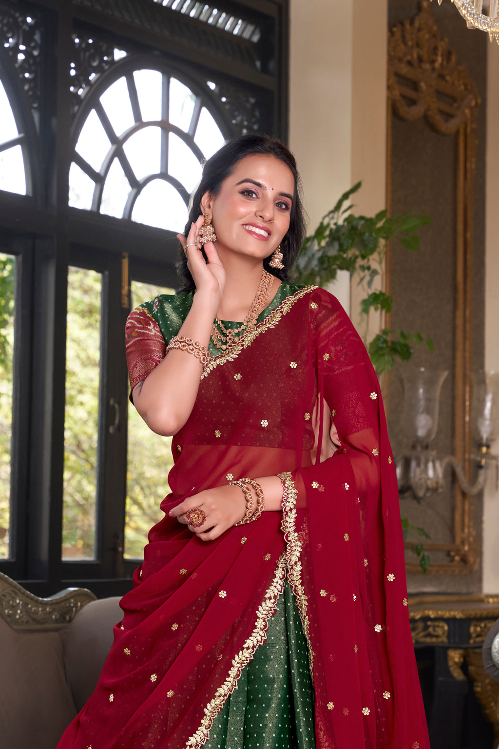 Elegant Woman in a Traditional Gujarati Patola Lehenga Choli.