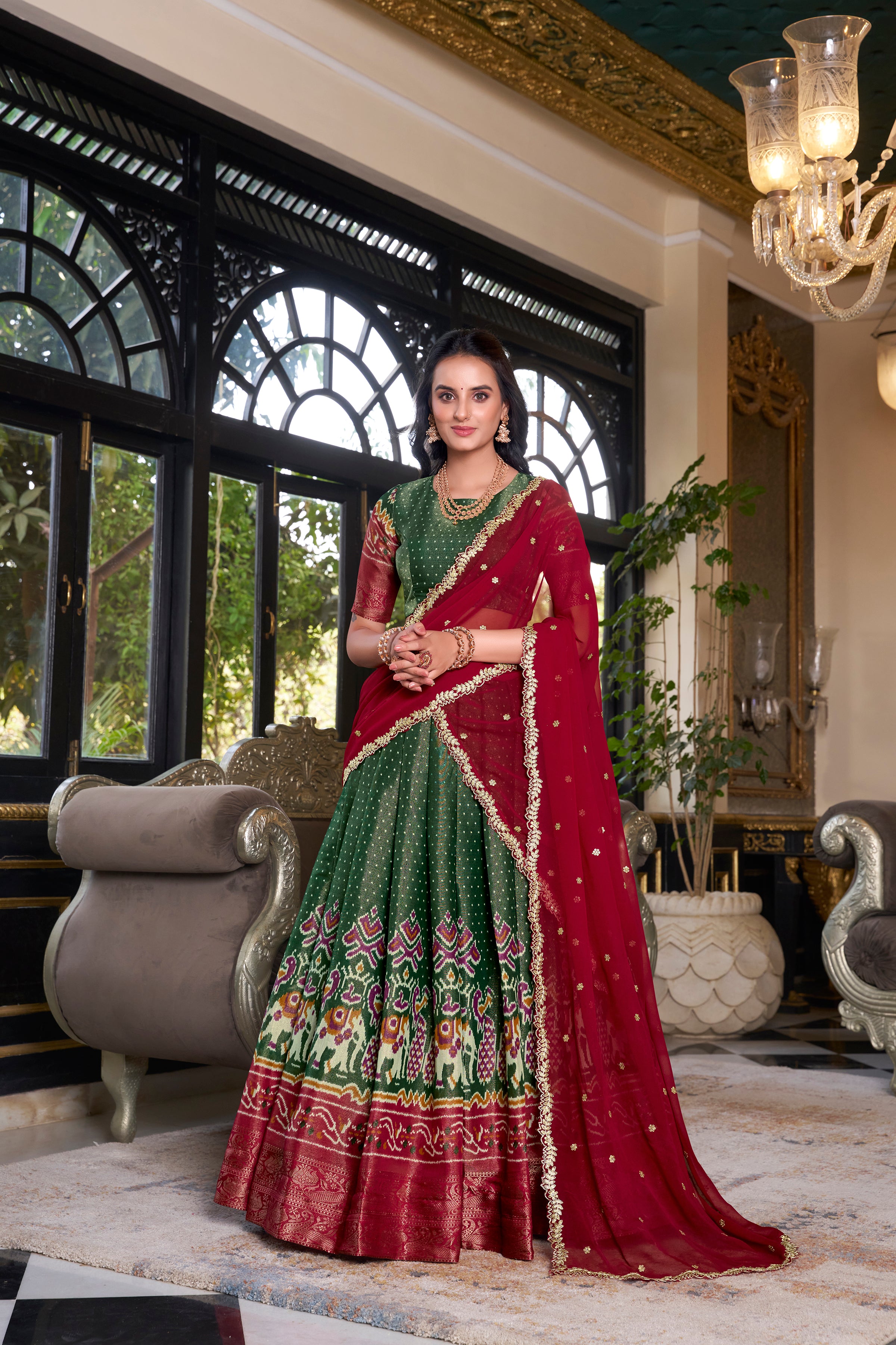 Elegant Woman in a Traditional Gujarati Patola Lehenga Choli.