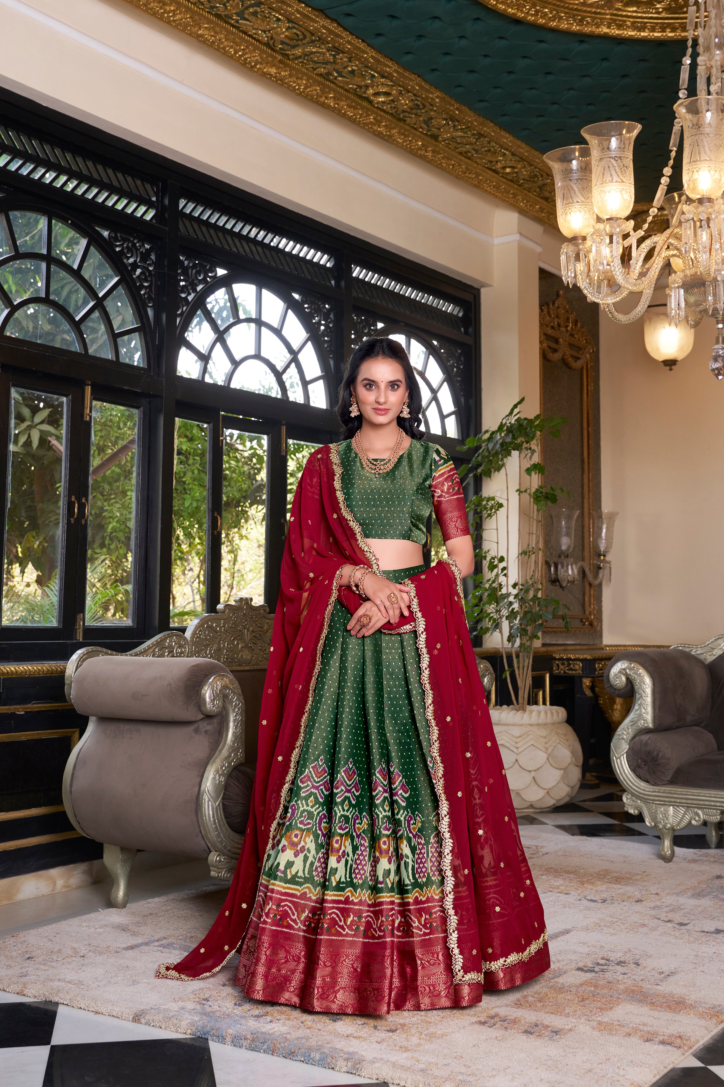Elegant Woman in a Traditional Gujarati Patola Lehenga Choli.