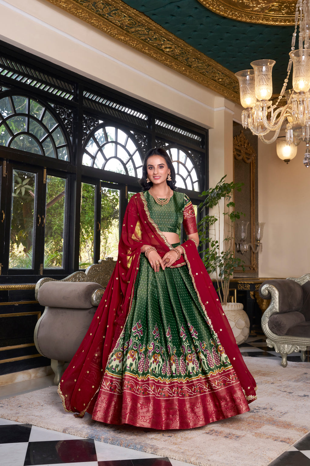 Elegant Woman in a Traditional Gujarati Patola Lehenga Choli.