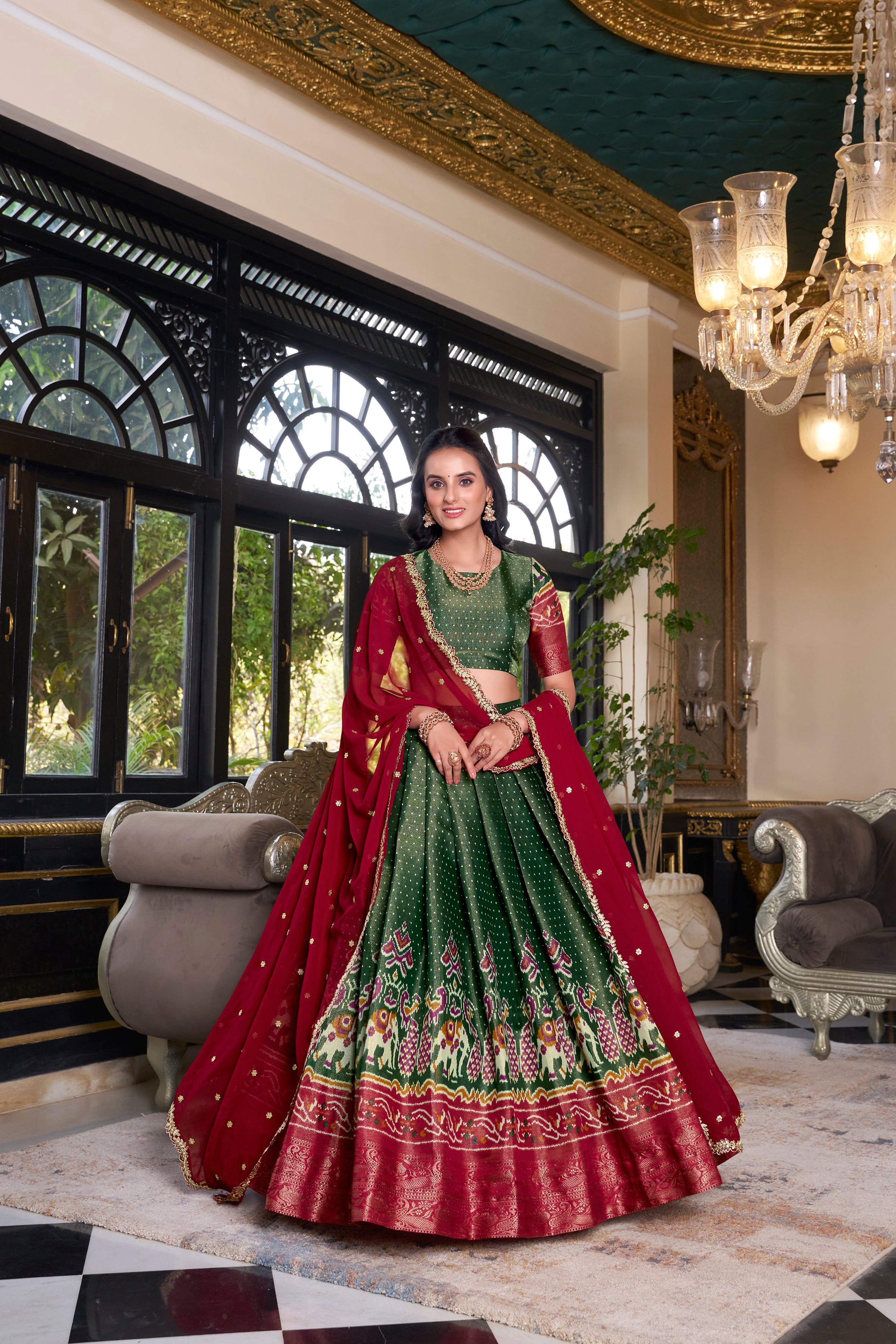 Elegant Woman in a Traditional Gujarati Patola Lehenga Choli.
