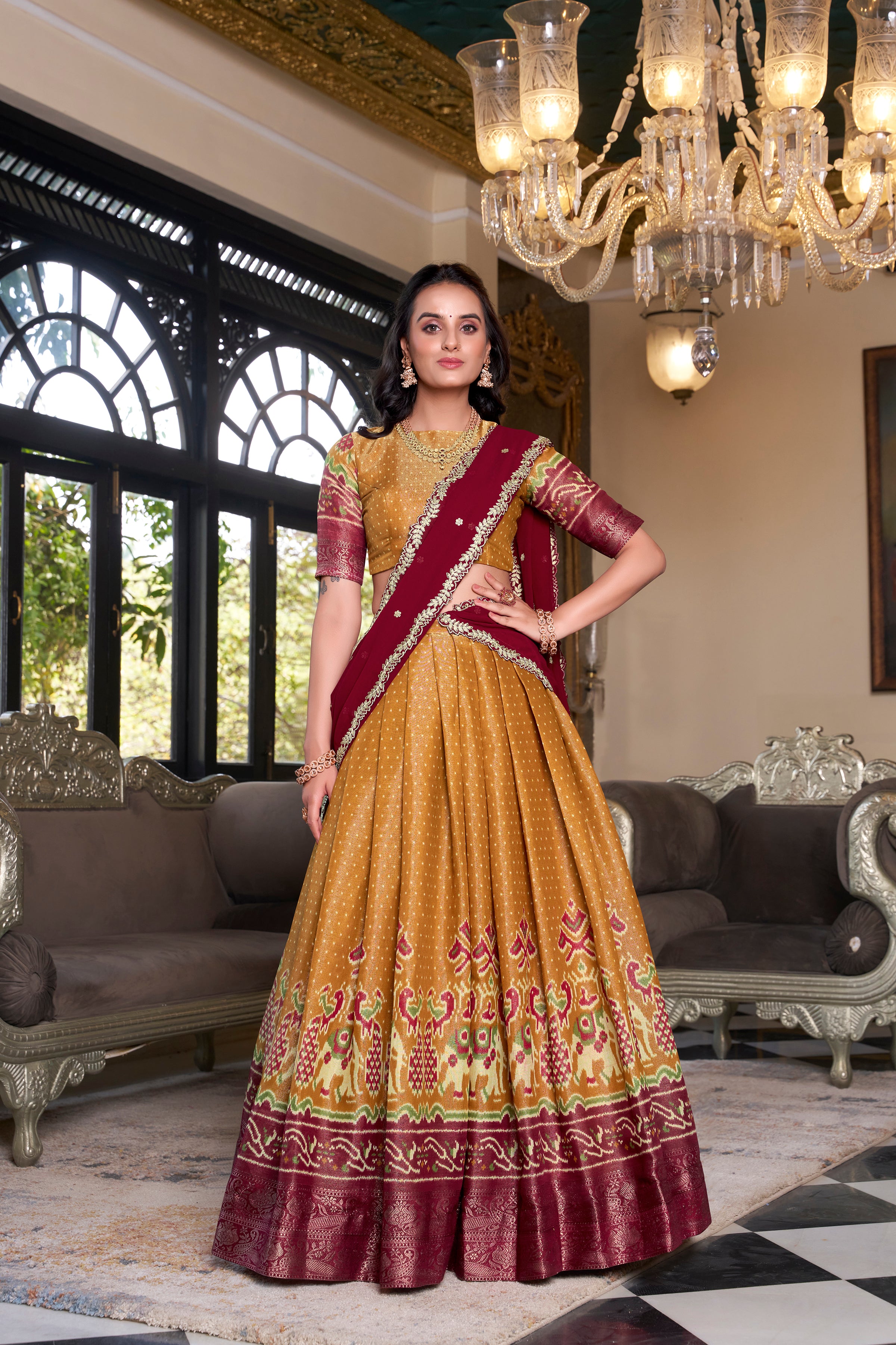 Elegant Woman in a Traditional Gujarati Patola Lehenga Choli.