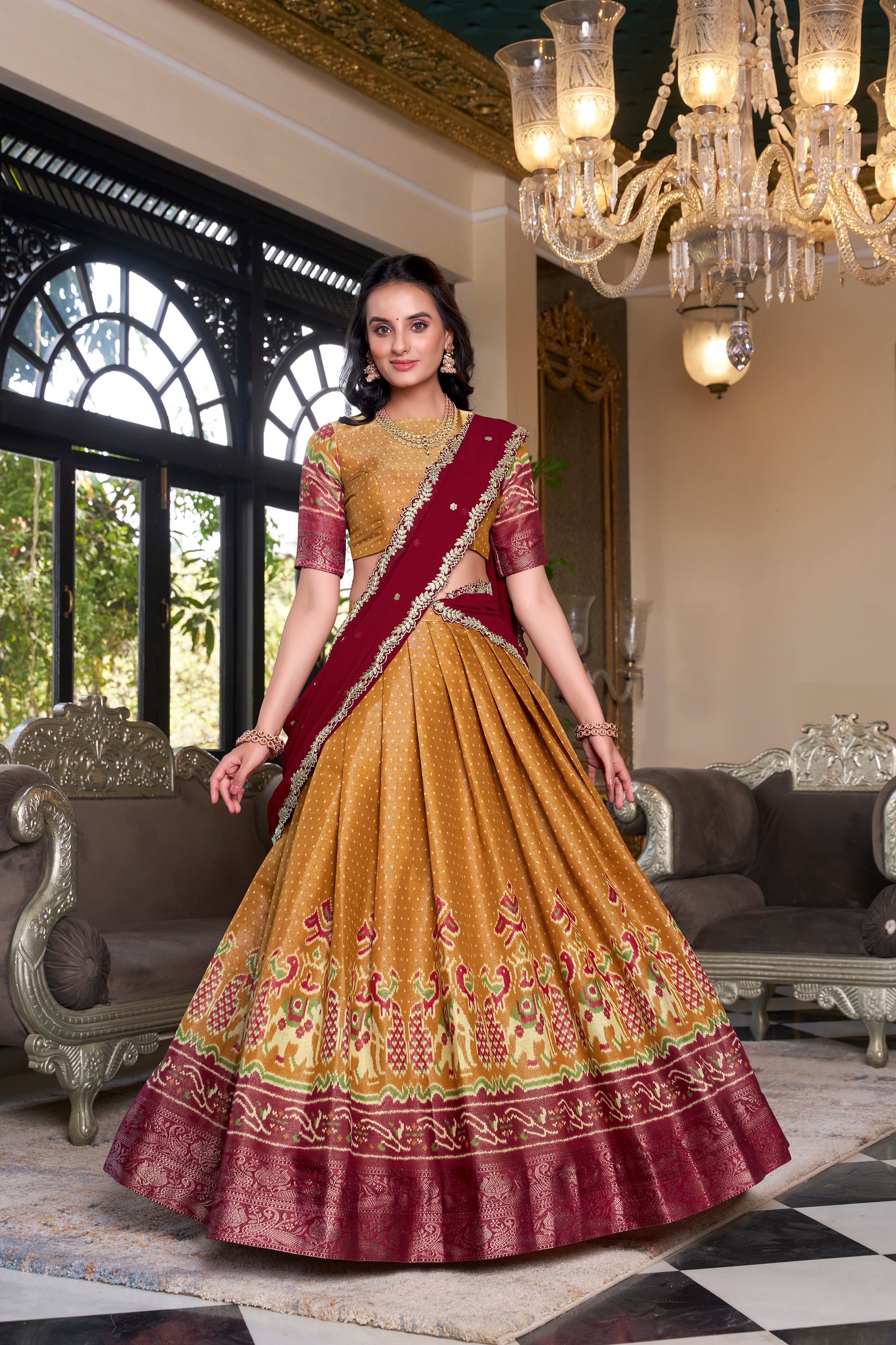 Elegant Woman in a Traditional Gujarati Patola Lehenga Choli.