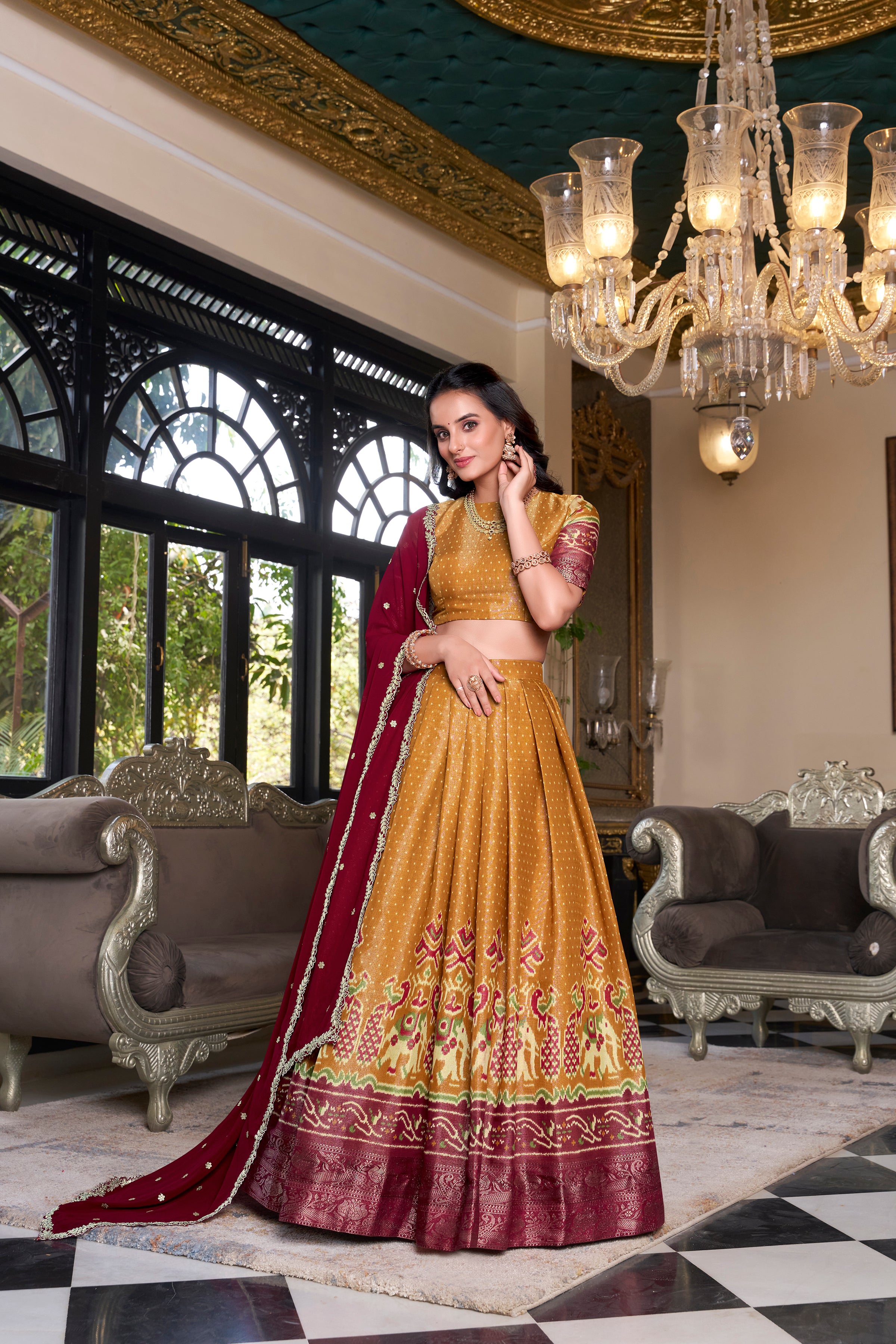 Elegant Woman in a Traditional Gujarati Patola Lehenga Choli.