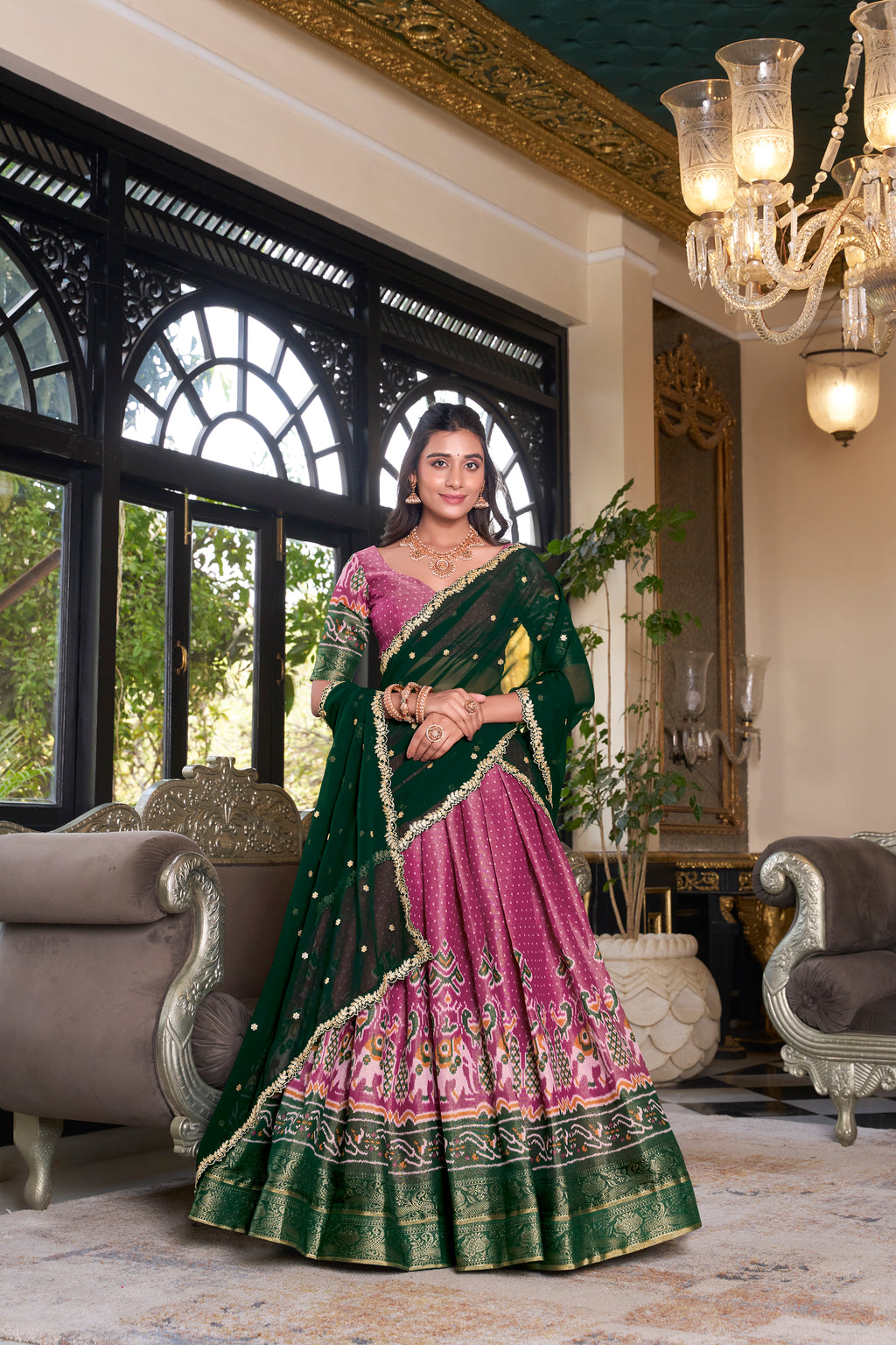 Elegant Woman in a Traditional Gujarati Patola Lehenga Choli.