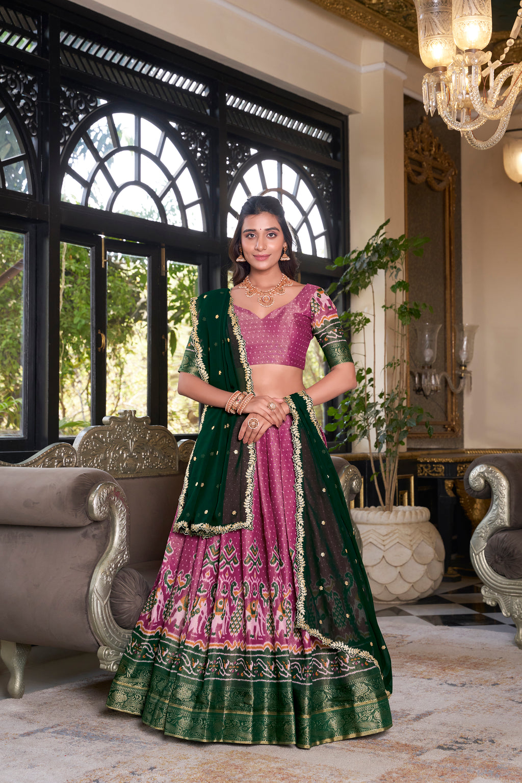 Elegant Woman in a Traditional Gujarati Patola Lehenga Choli.