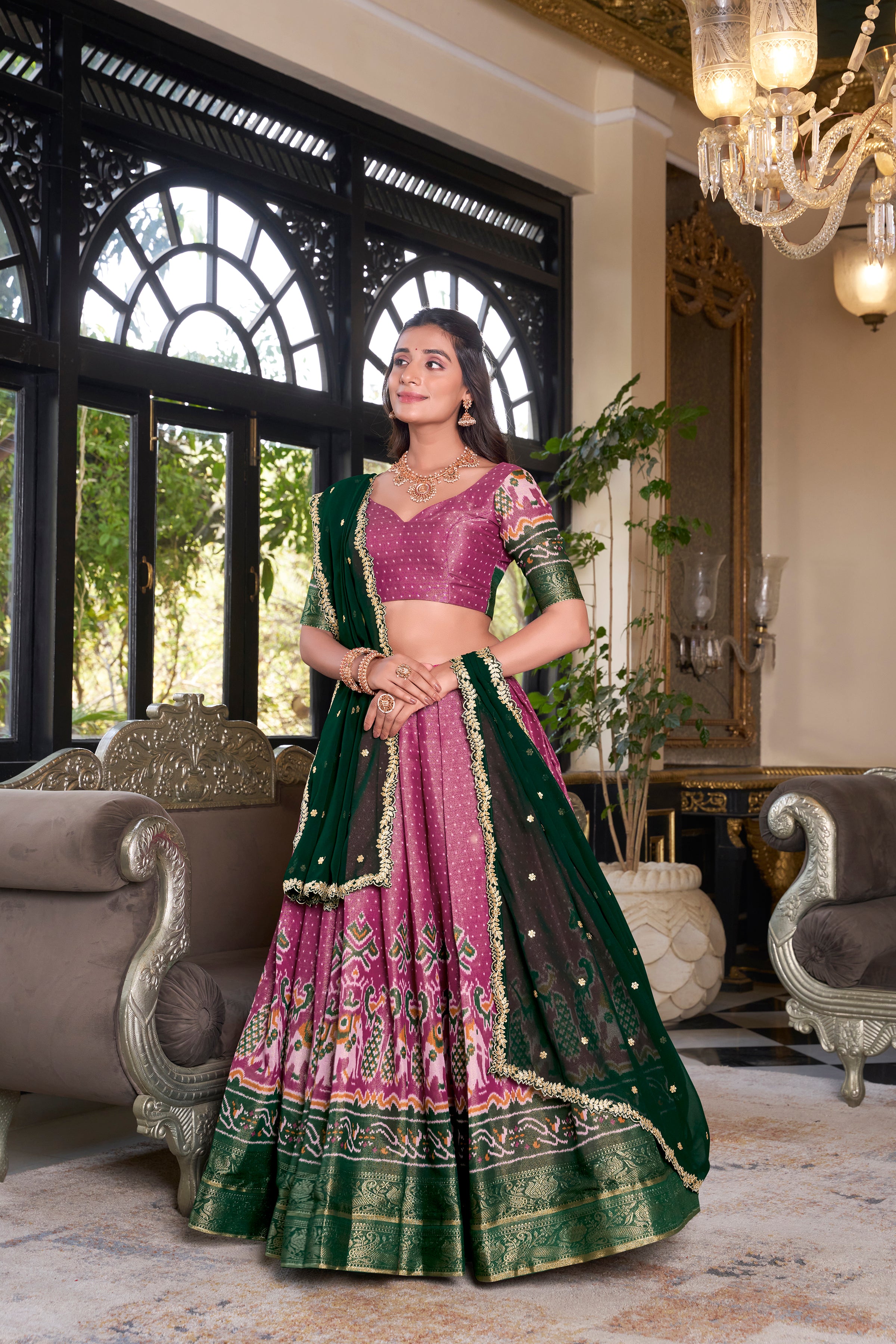 Elegant Woman in a Traditional Gujarati Patola Lehenga Choli.