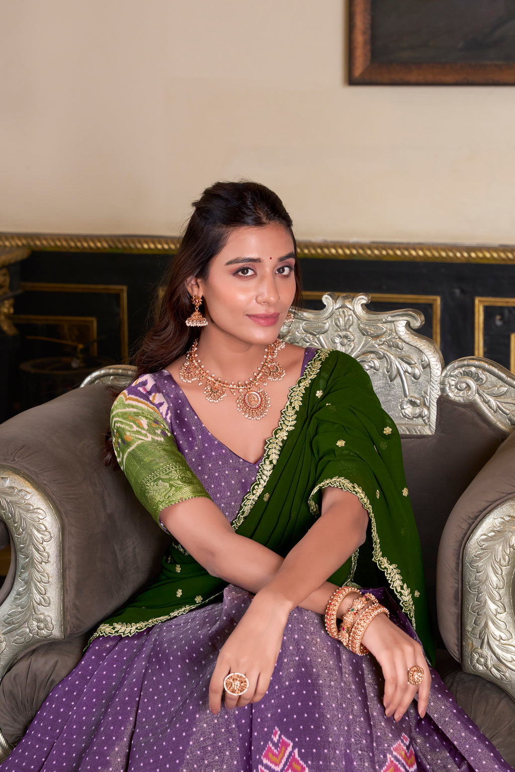 Elegant Woman in a Traditional Gujarati Patola Lehenga Choli.