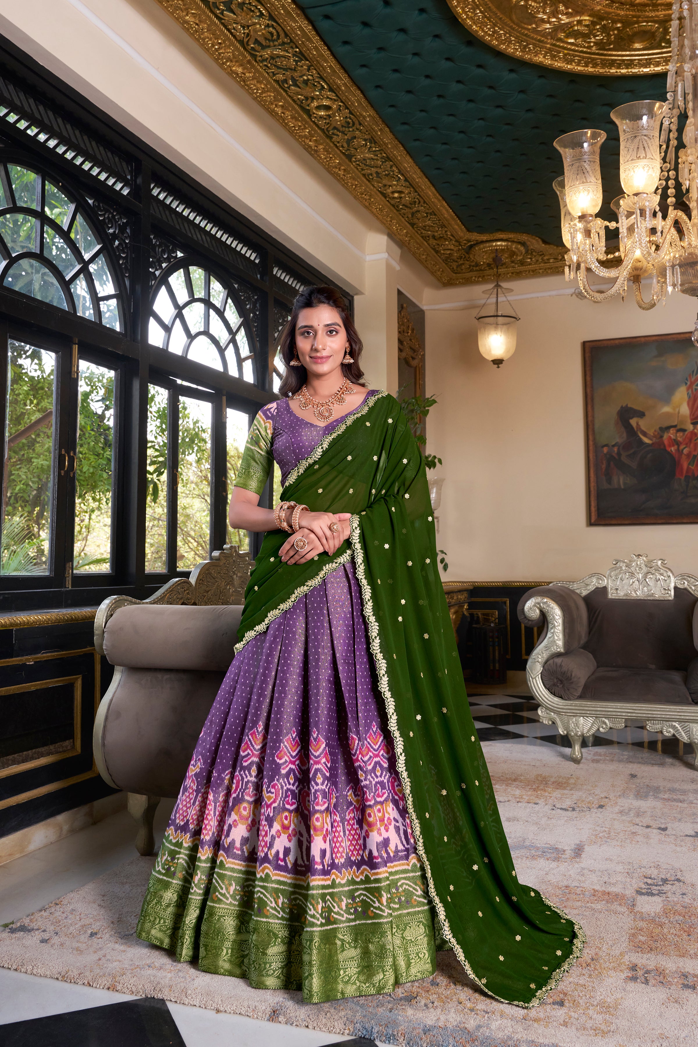 Elegant Woman in a Traditional Gujarati Patola Lehenga Choli.