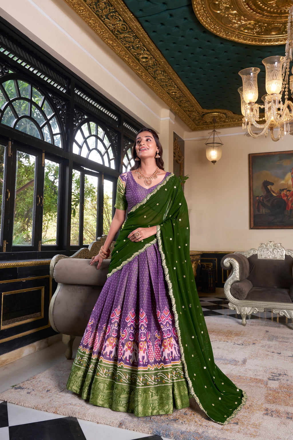 Elegant Woman in a Traditional Gujarati Patola Lehenga Choli.