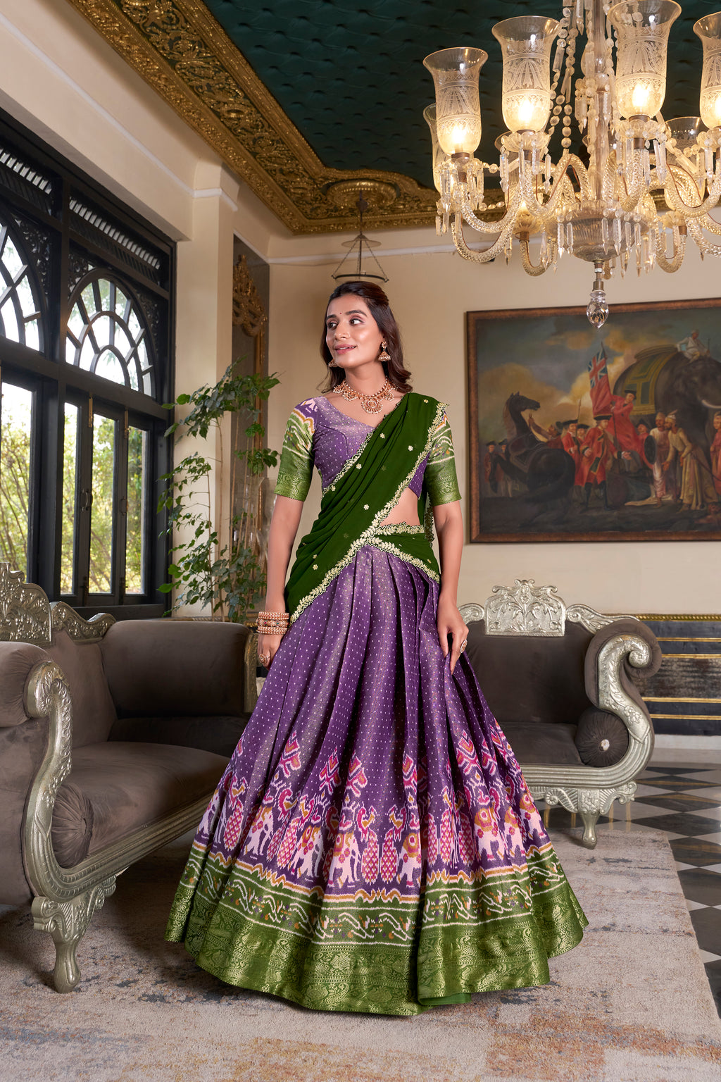 Elegant Woman in a Traditional Gujarati Patola Lehenga Choli.
