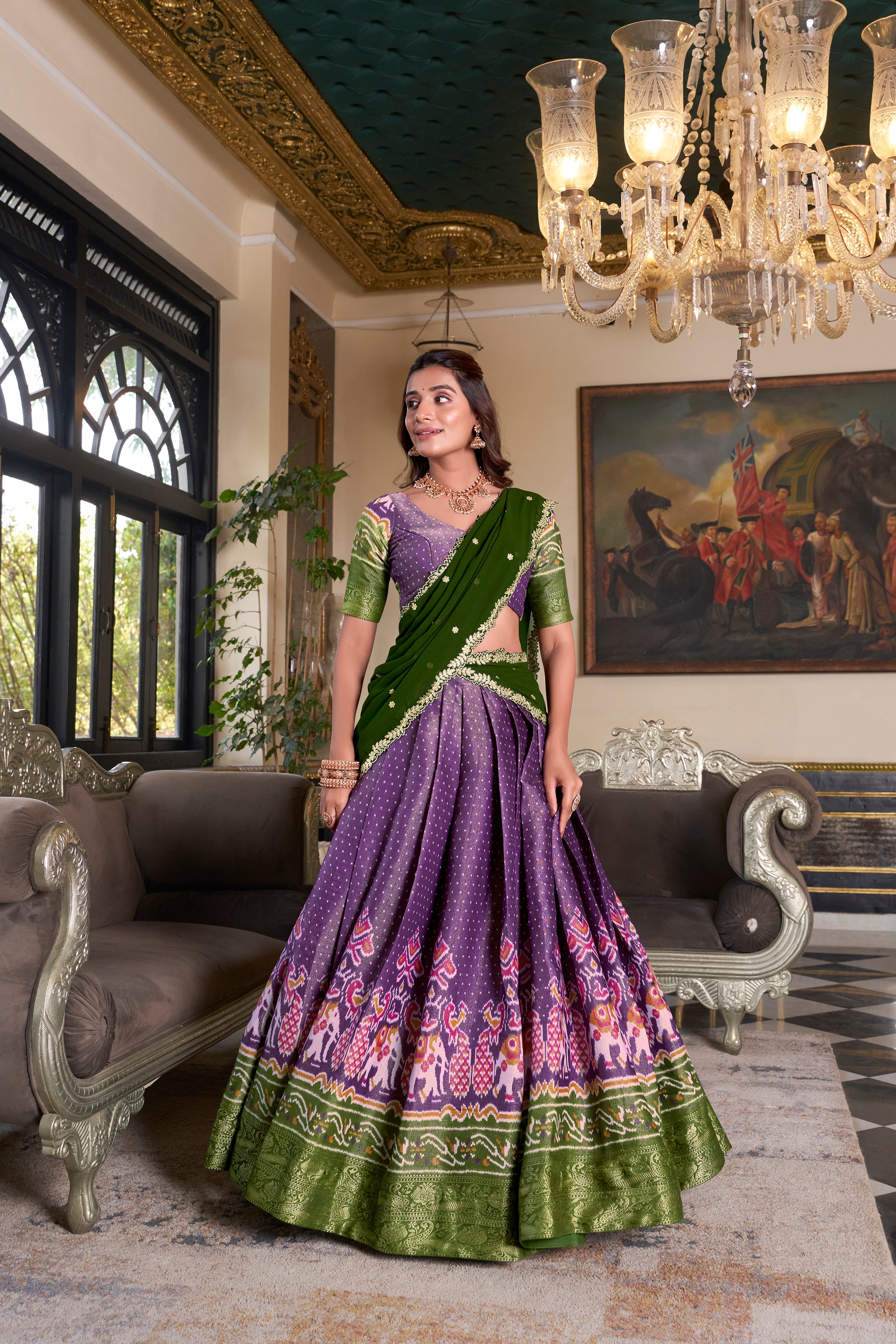 Elegant Woman in a Traditional Gujarati Patola Lehenga Choli.