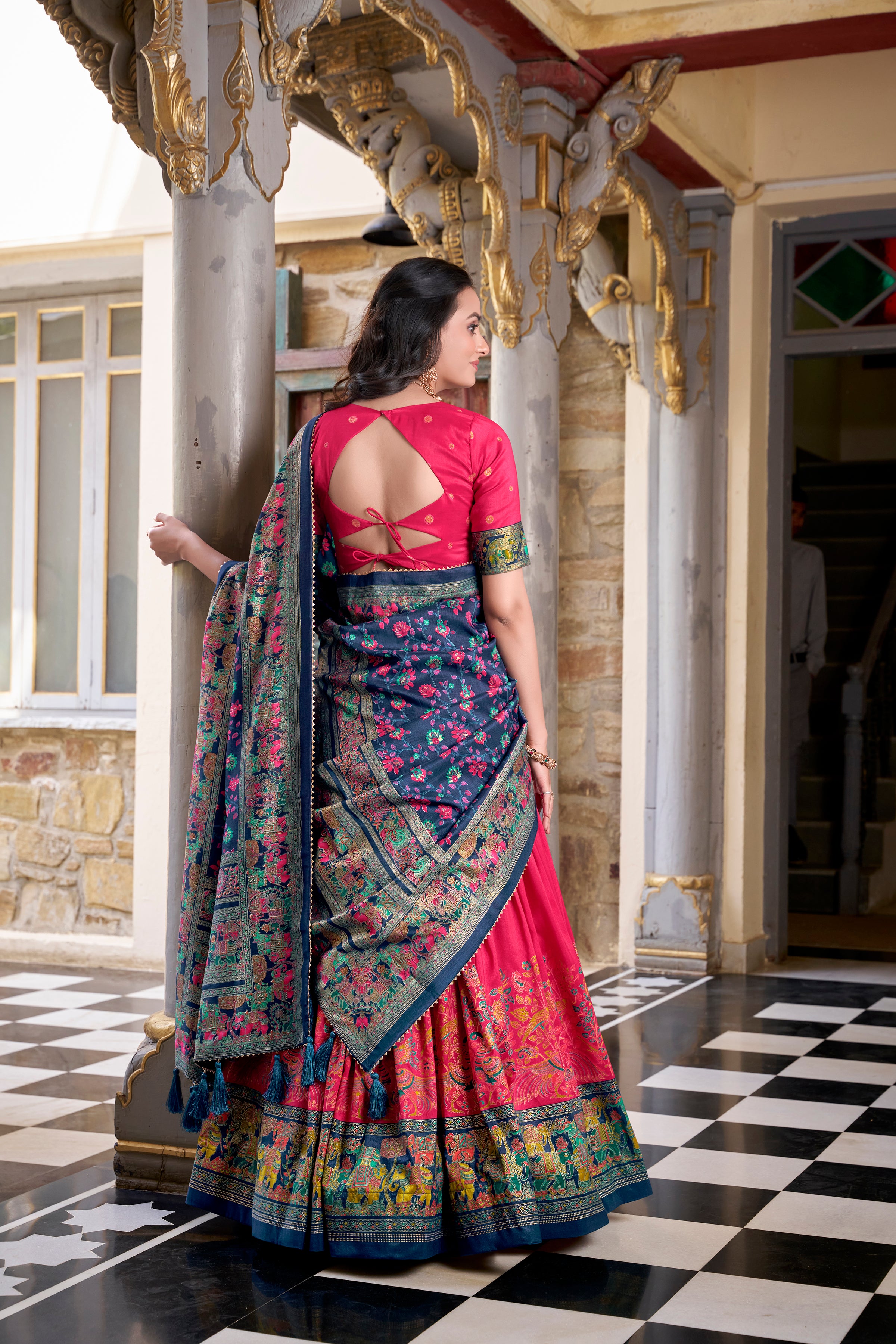 Traditional Silk Lehenga with Intricate Weaving and Back Tie Blouse