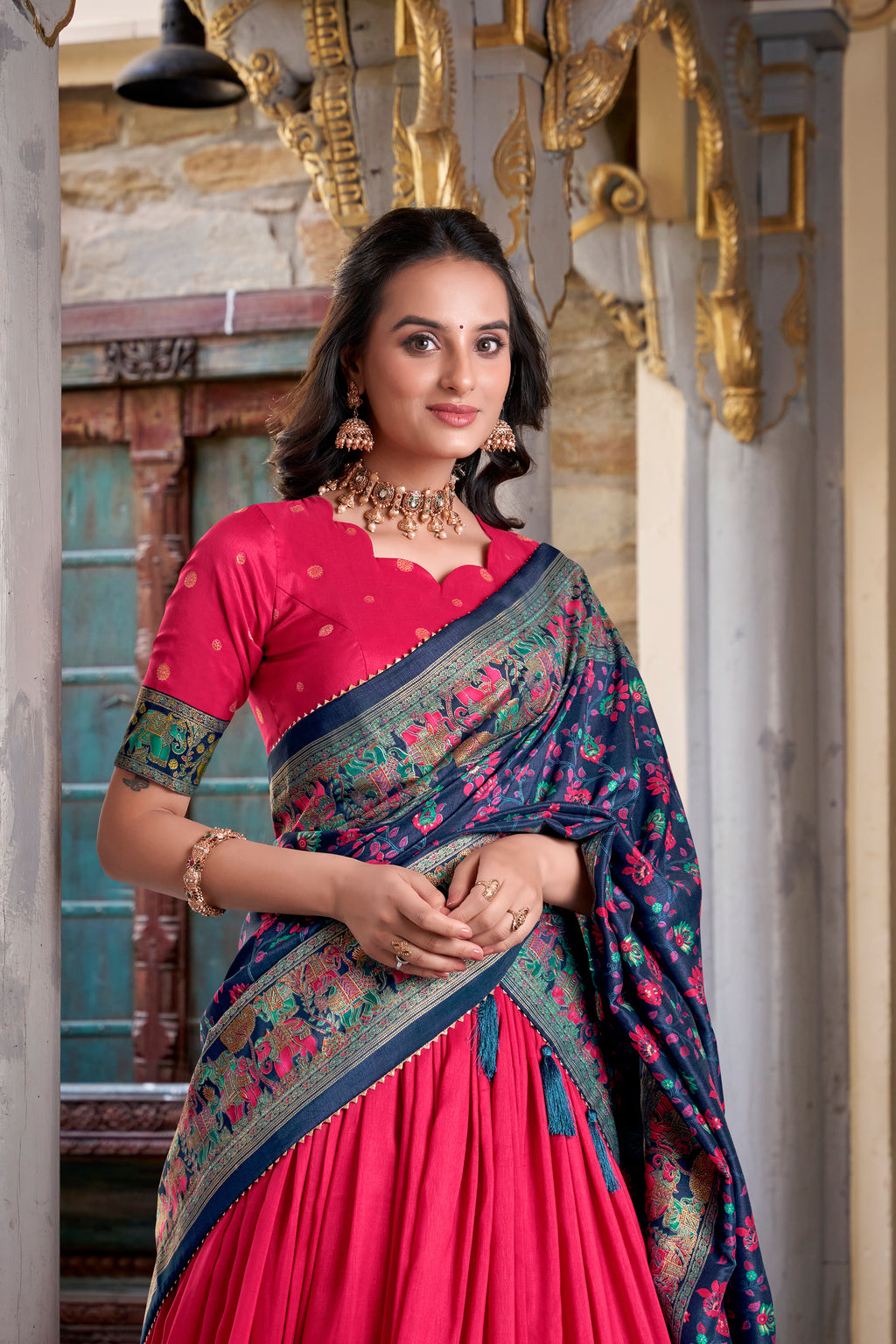 Traditional Silk Lehenga with Intricate Weaving and Back Tie Blouse