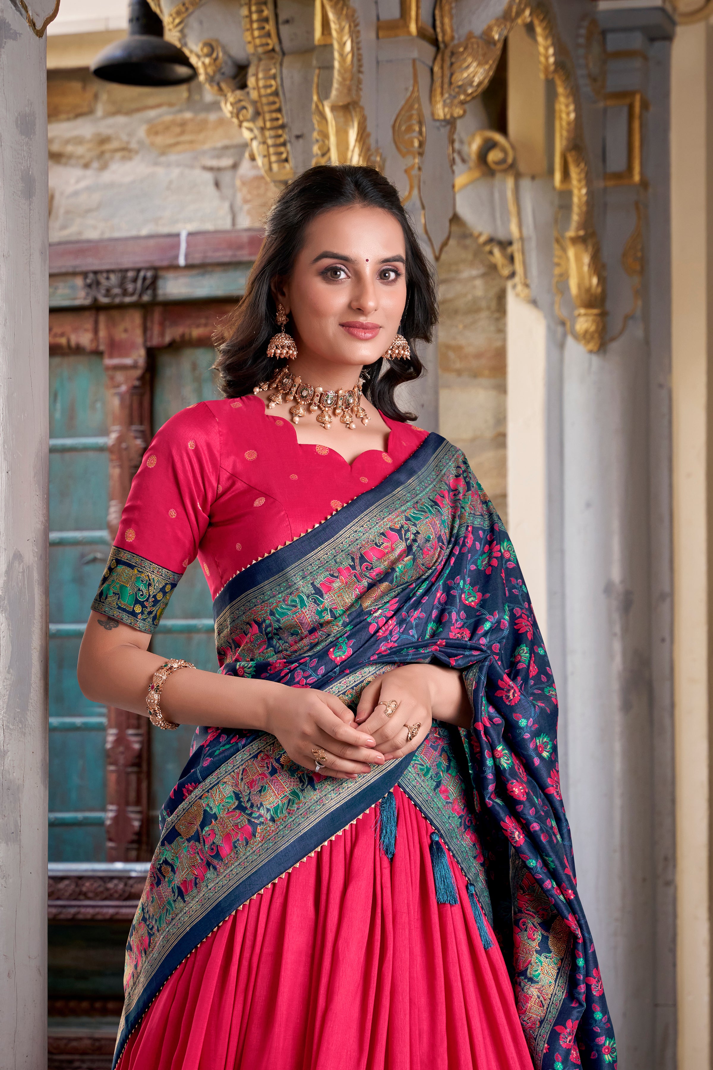 Traditional Silk Lehenga with Intricate Weaving and Back Tie Blouse