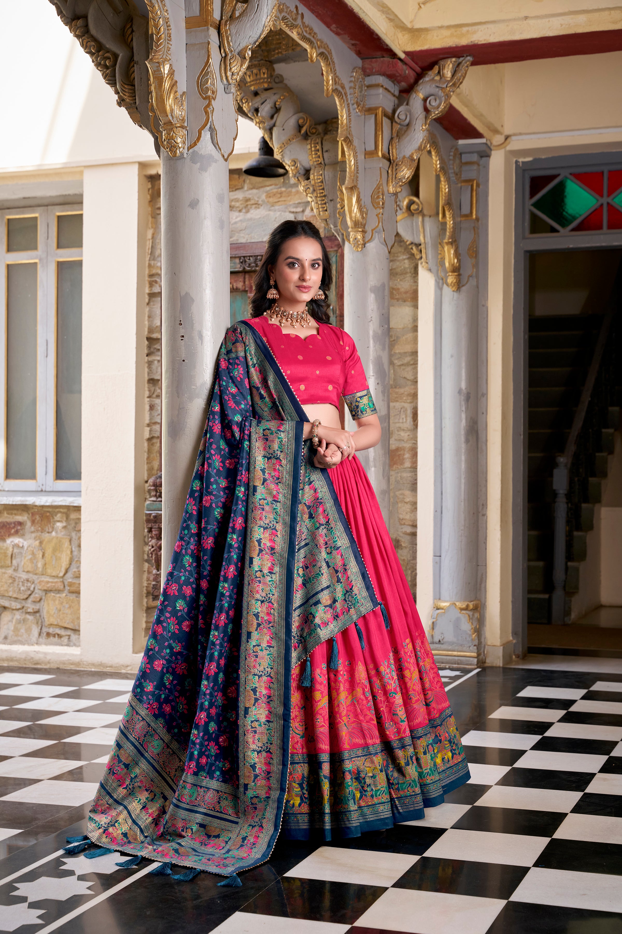 Traditional Silk Lehenga with Intricate Weaving and Back Tie Blouse