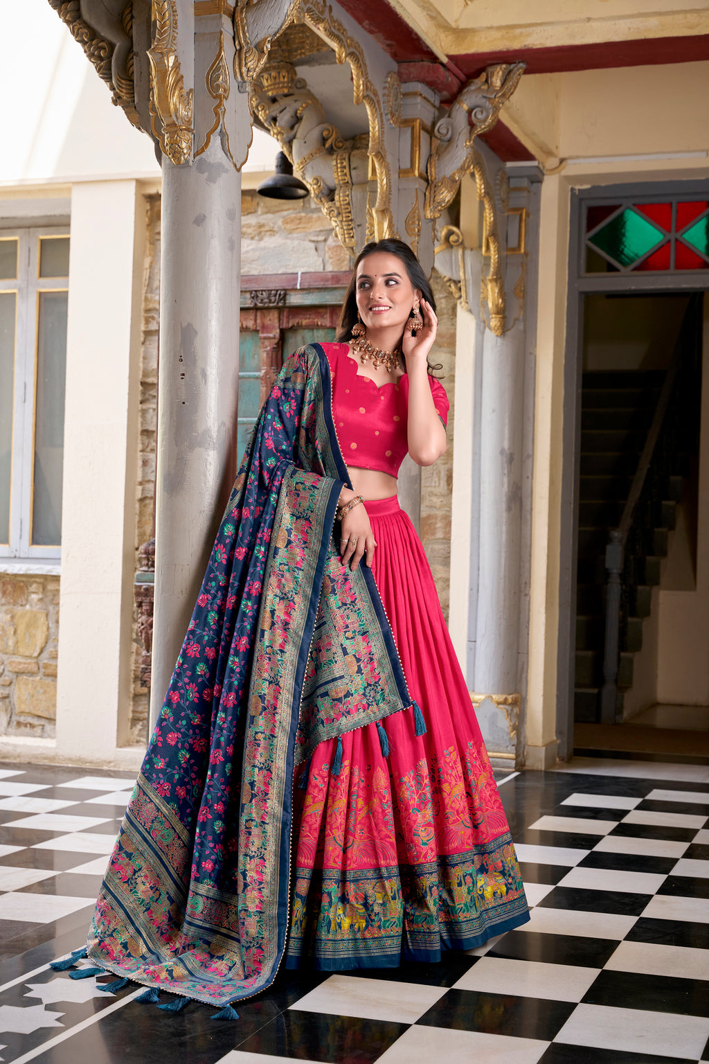 Traditional Silk Lehenga with Intricate Weaving and Back Tie Blouse