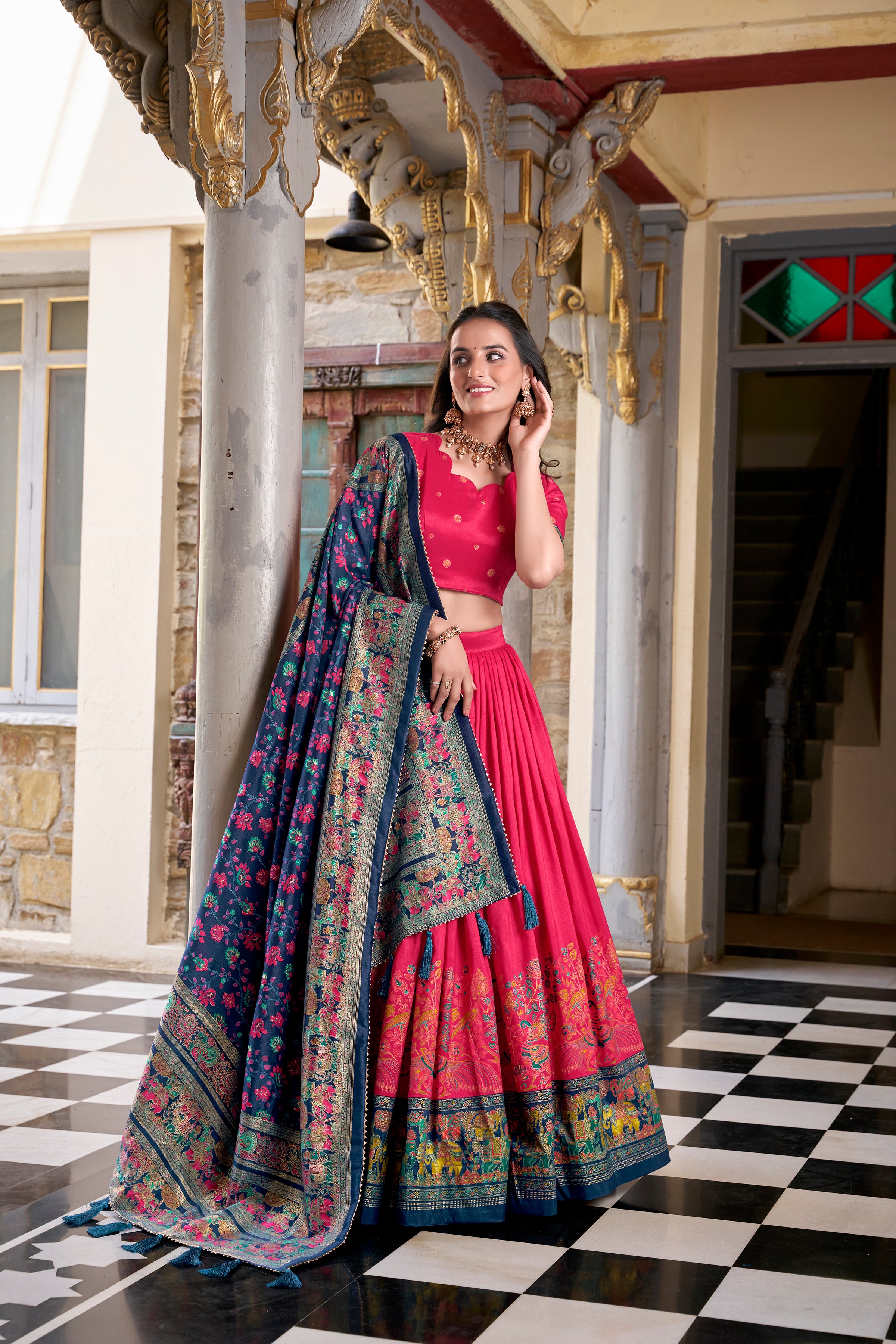 Traditional Silk Lehenga with Intricate Weaving and Back Tie Blouse