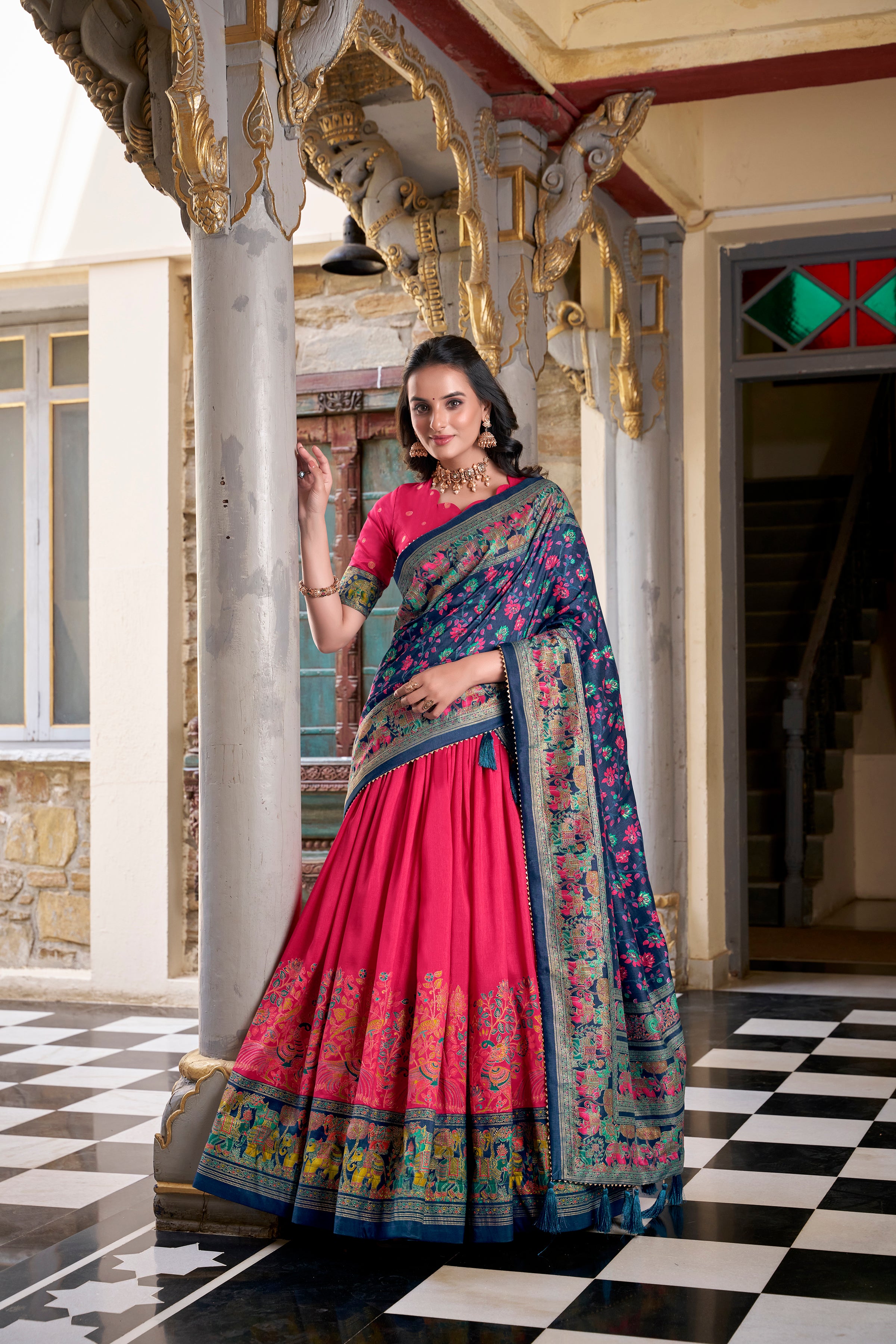 Traditional Silk Lehenga with Intricate Weaving and Back Tie Blouse
