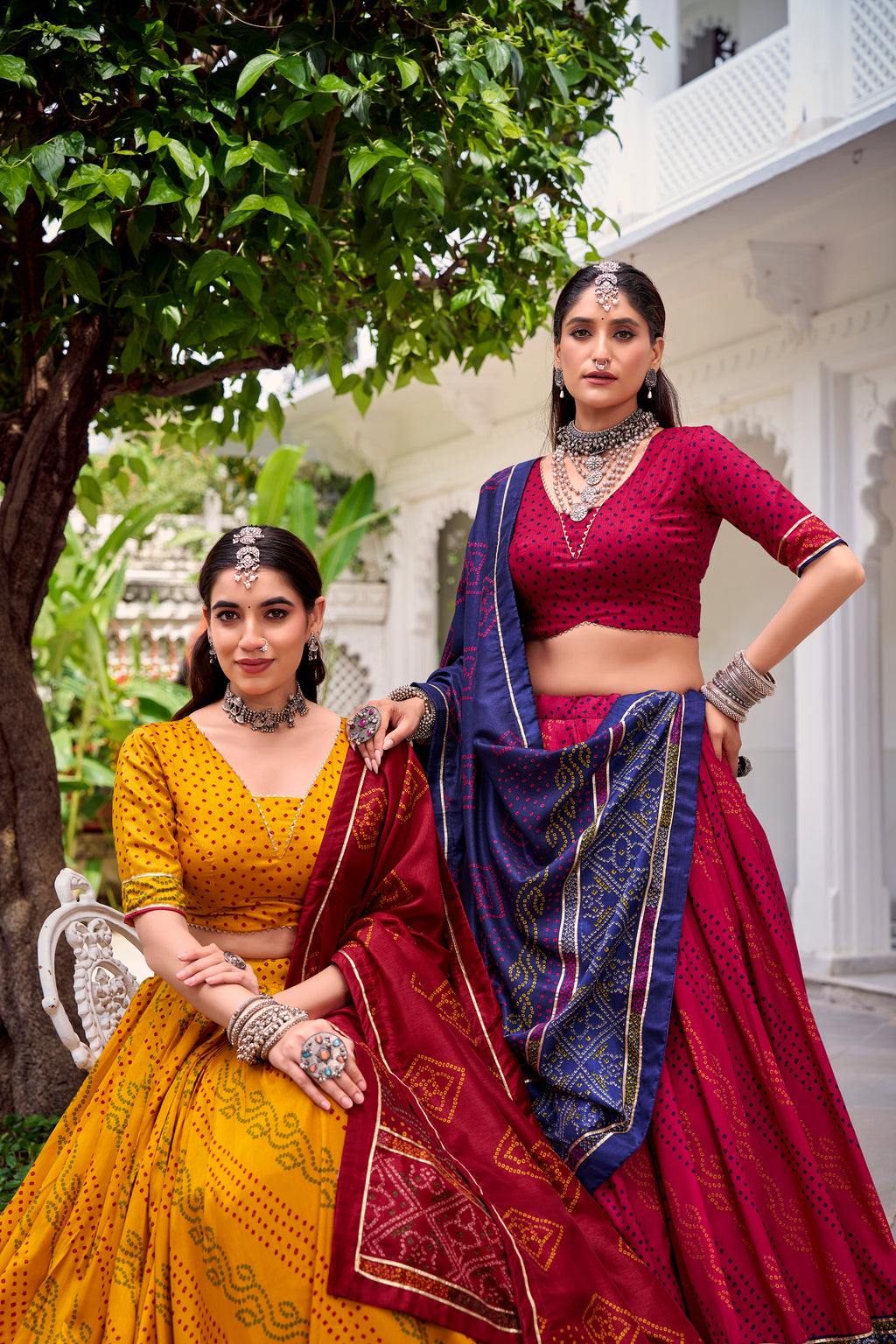 Traditional Bandhej Lehenga Choli with Contrasting Dupatta Elegance