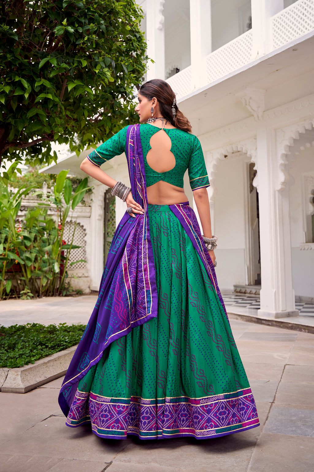 Traditional Bandhej Lehenga Choli with Contrasting Dupatta Elegance