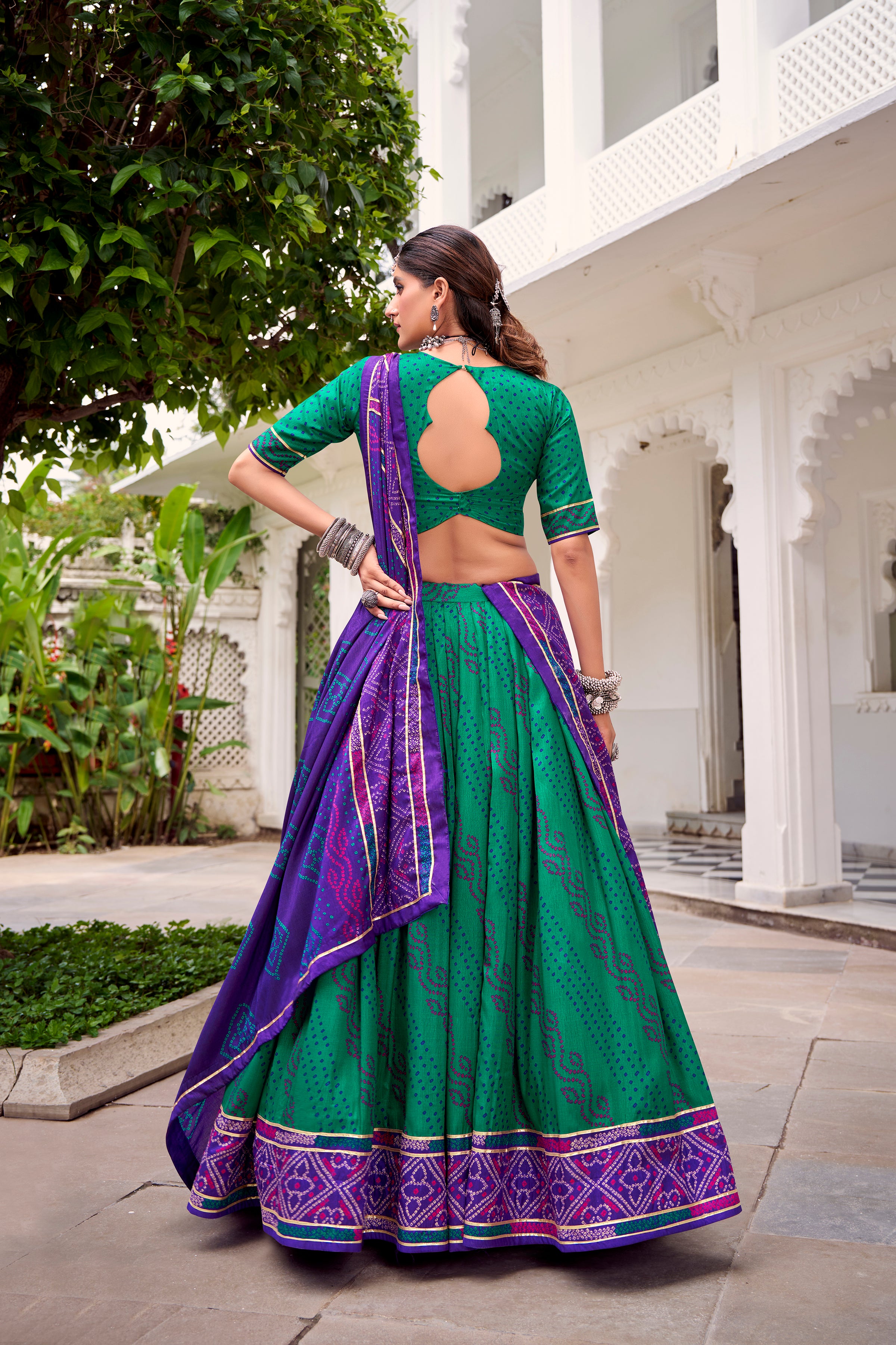Traditional Bandhej Lehenga Choli with Contrasting Dupatta Elegance