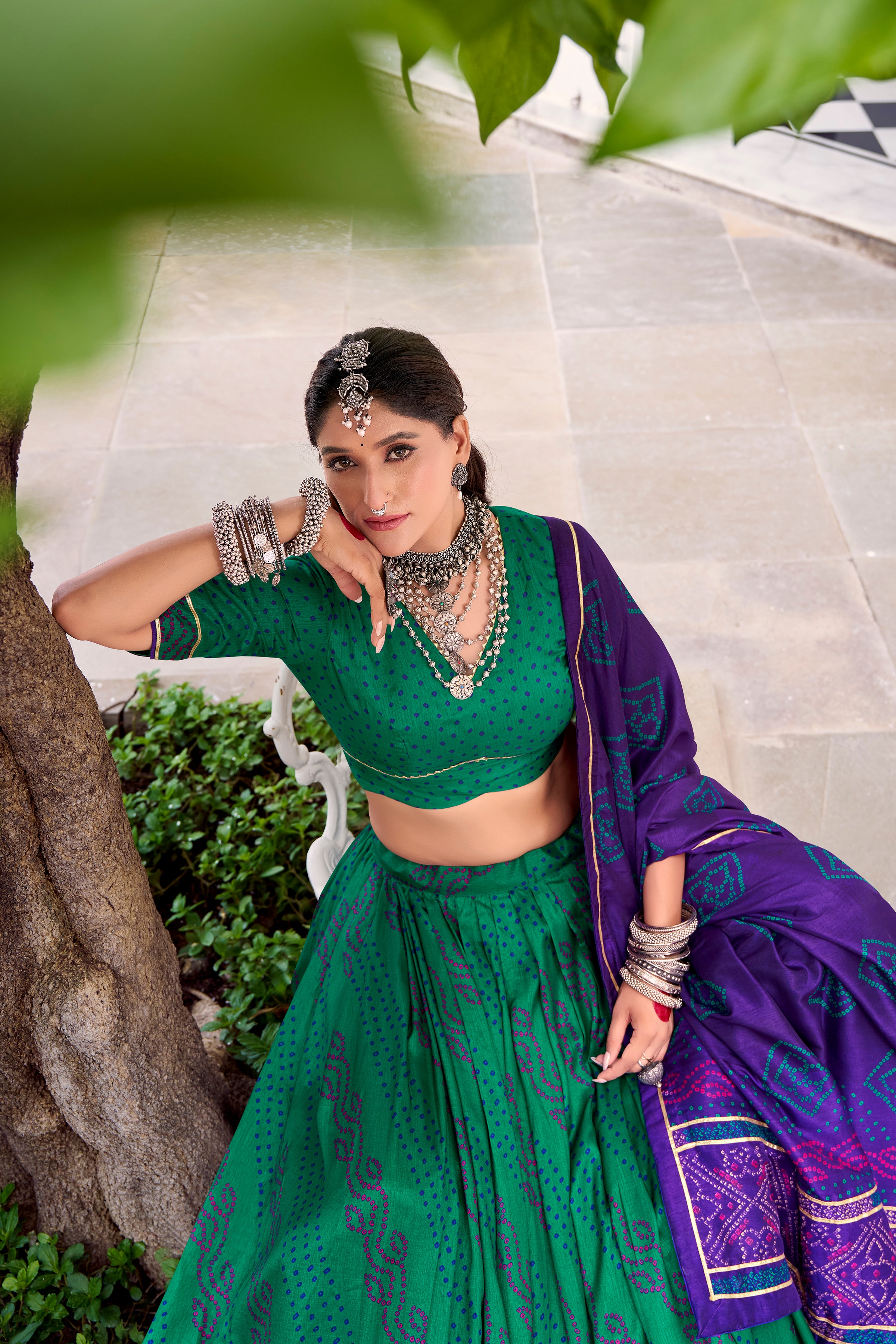 Traditional Bandhej Lehenga Choli with Contrasting Dupatta Elegance