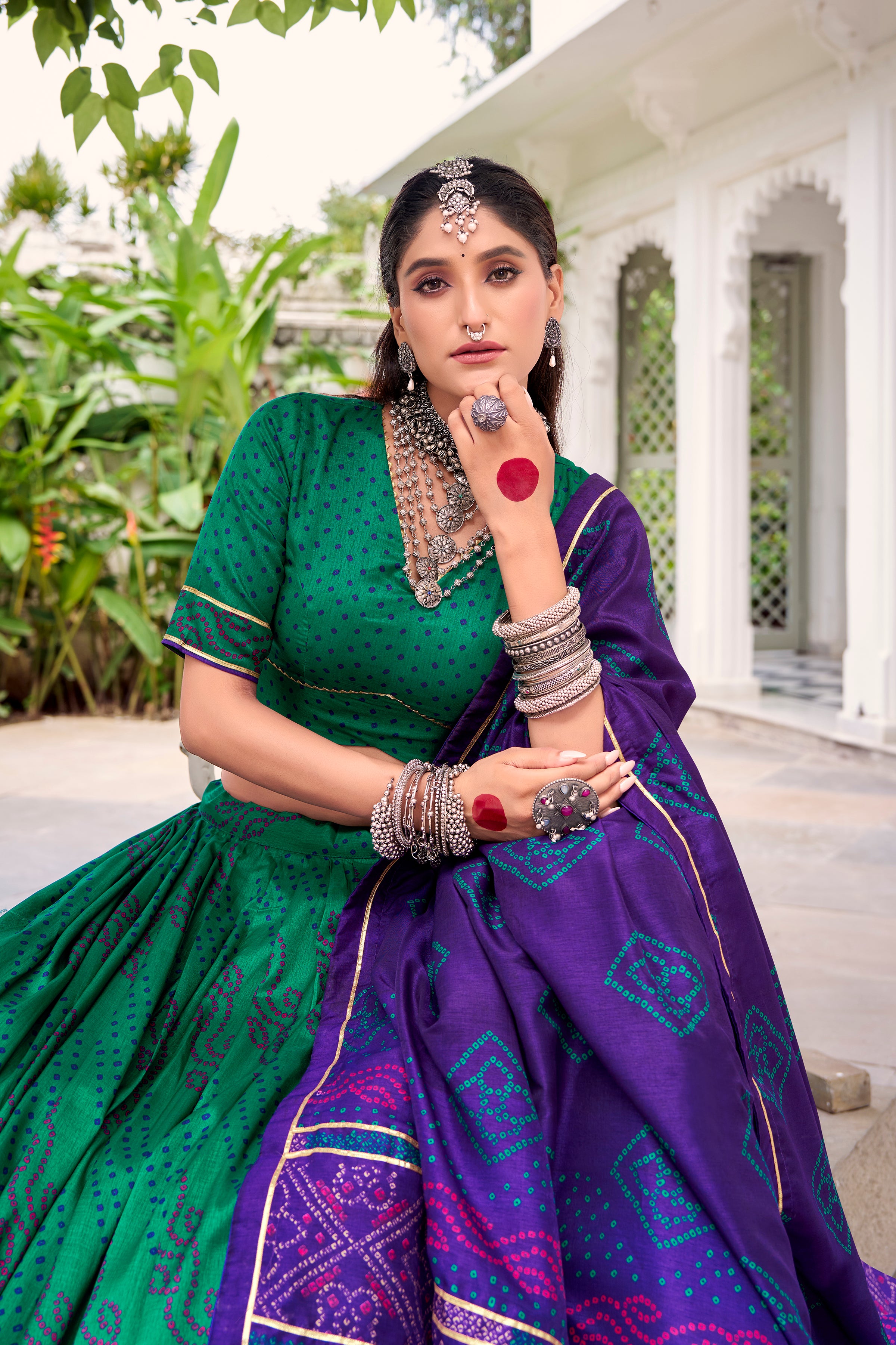 Traditional Bandhej Lehenga Choli with Contrasting Dupatta Elegance