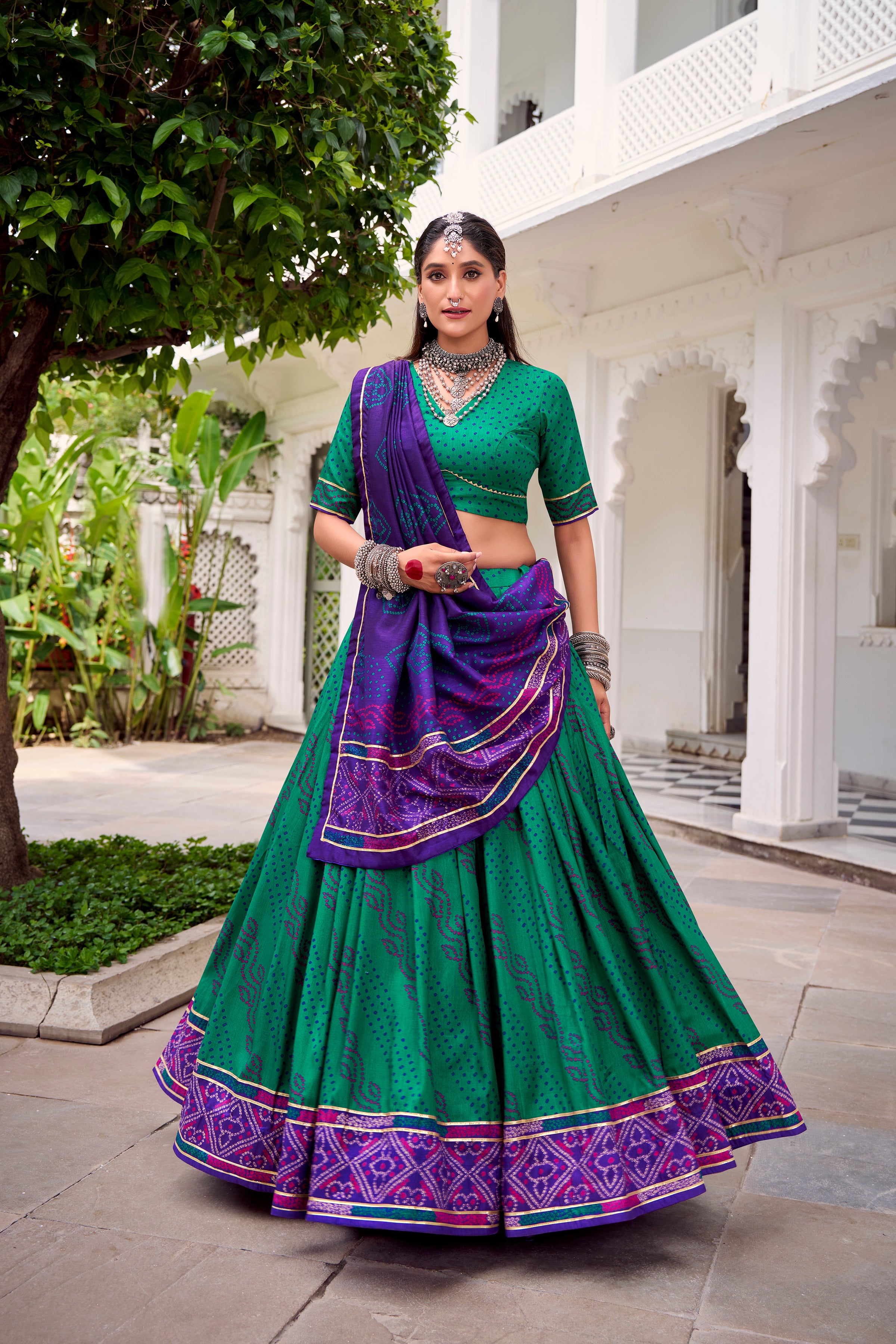 Traditional Bandhej Lehenga Choli with Contrasting Dupatta Elegance