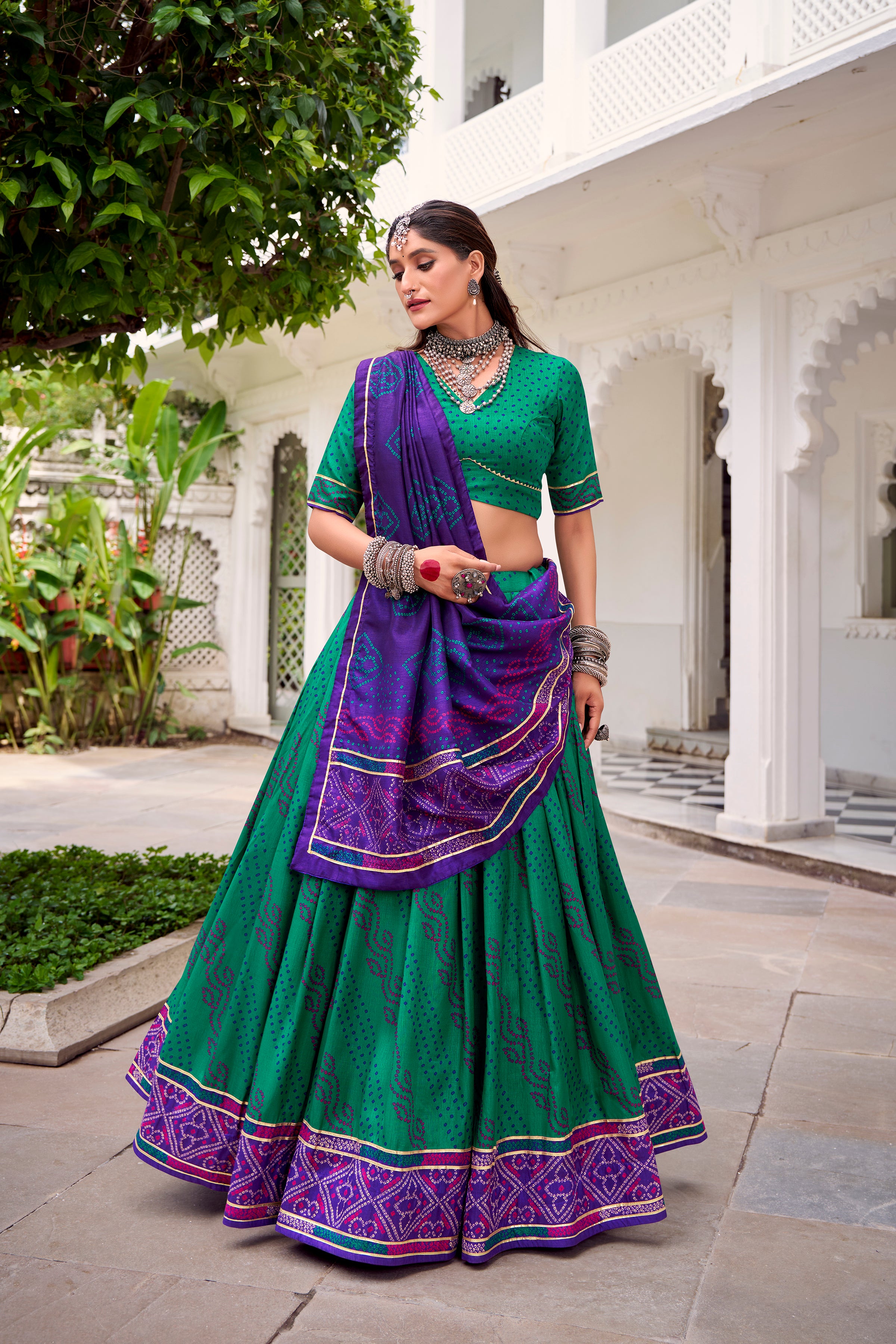 Traditional Bandhej Lehenga Choli with Contrasting Dupatta Elegance