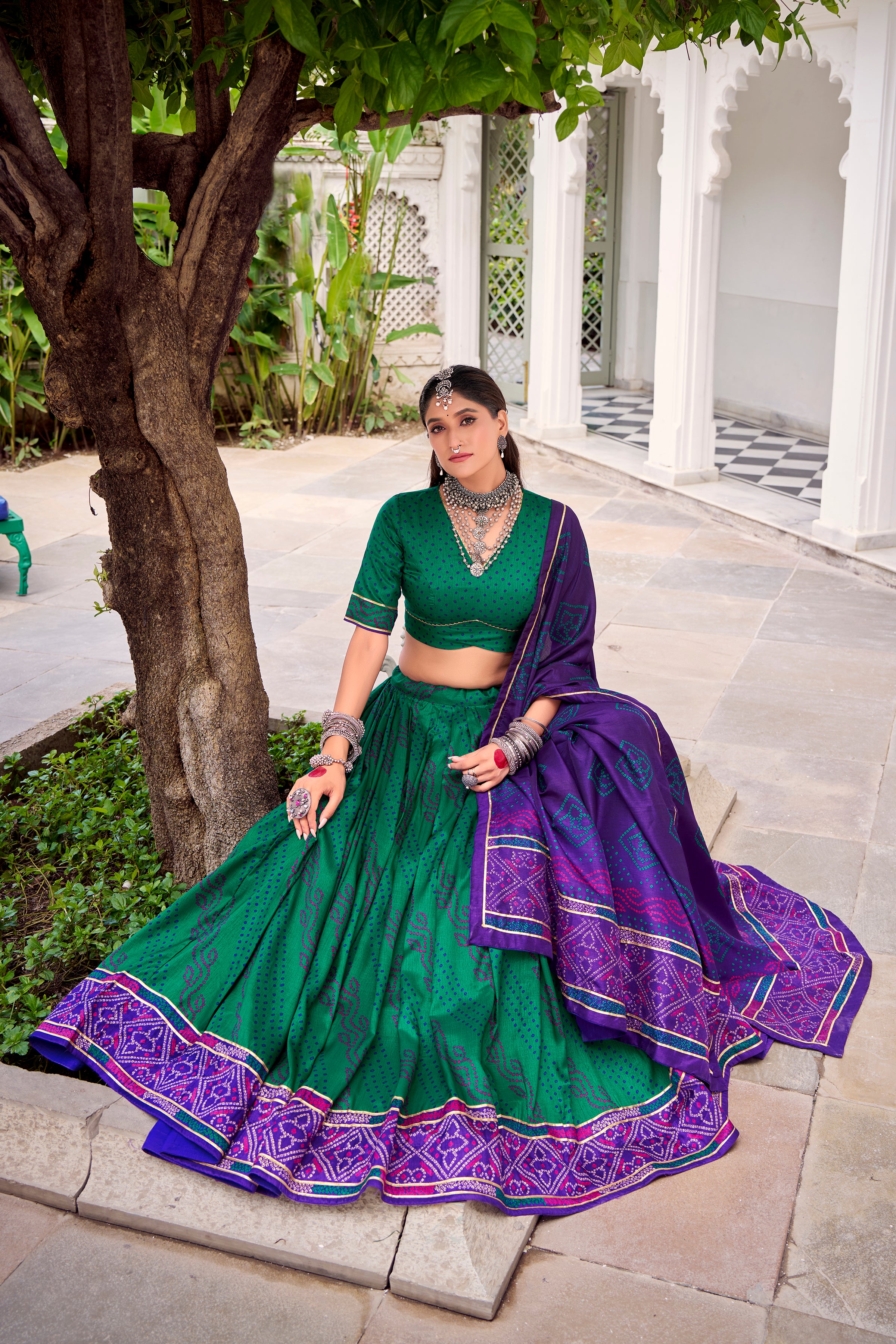 Traditional Bandhej Lehenga Choli with Contrasting Dupatta Elegance
