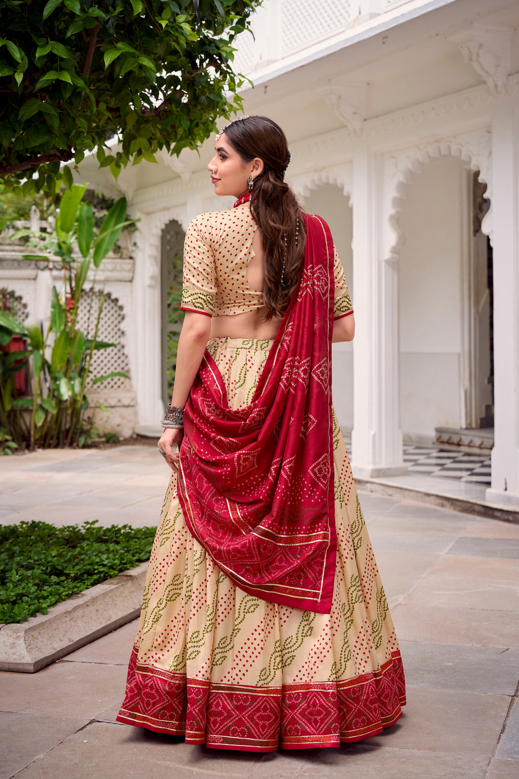 Traditional Bandhej Lehenga Choli with Contrasting Dupatta Elegance