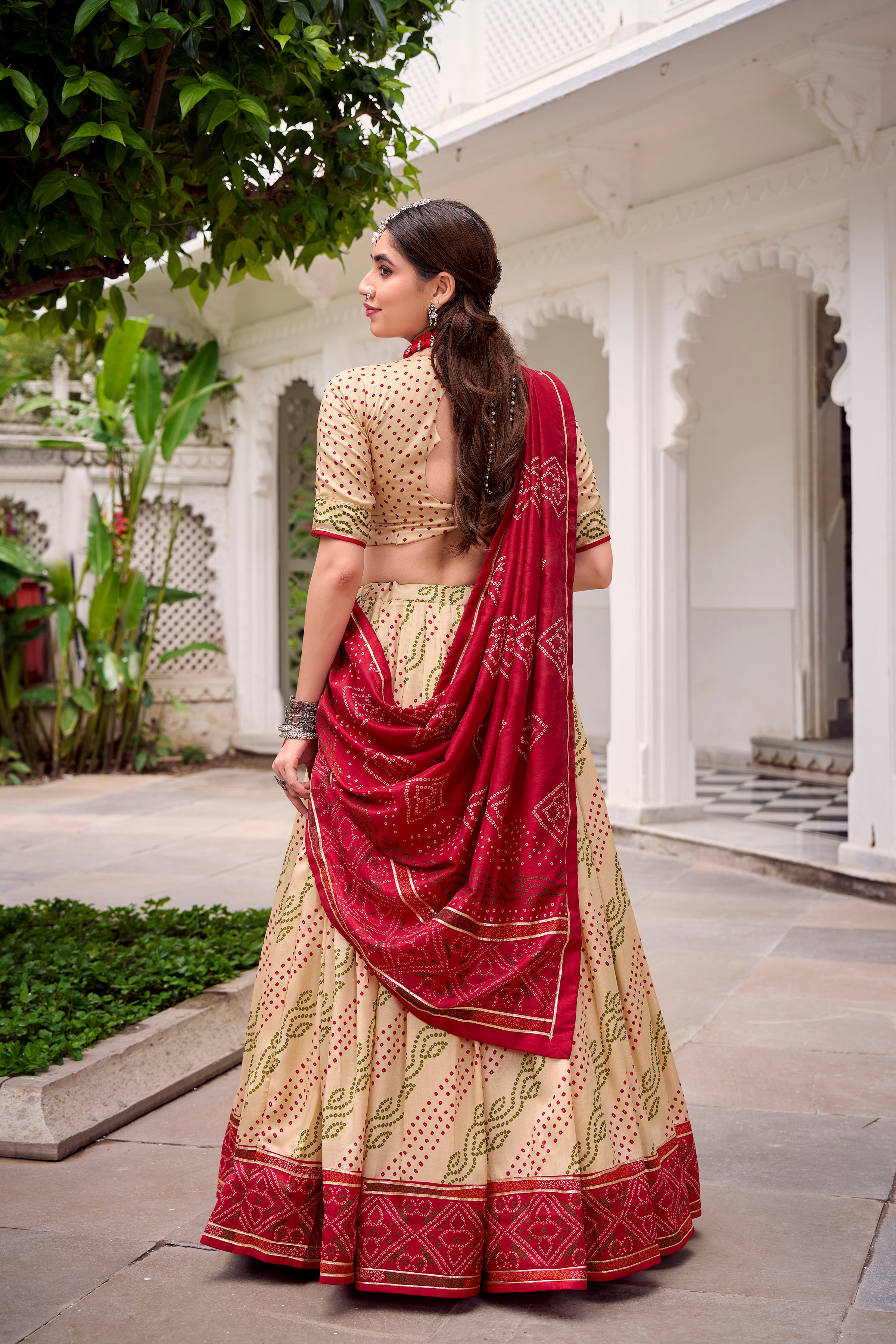 Traditional Bandhej Lehenga Choli with Contrasting Dupatta Elegance
