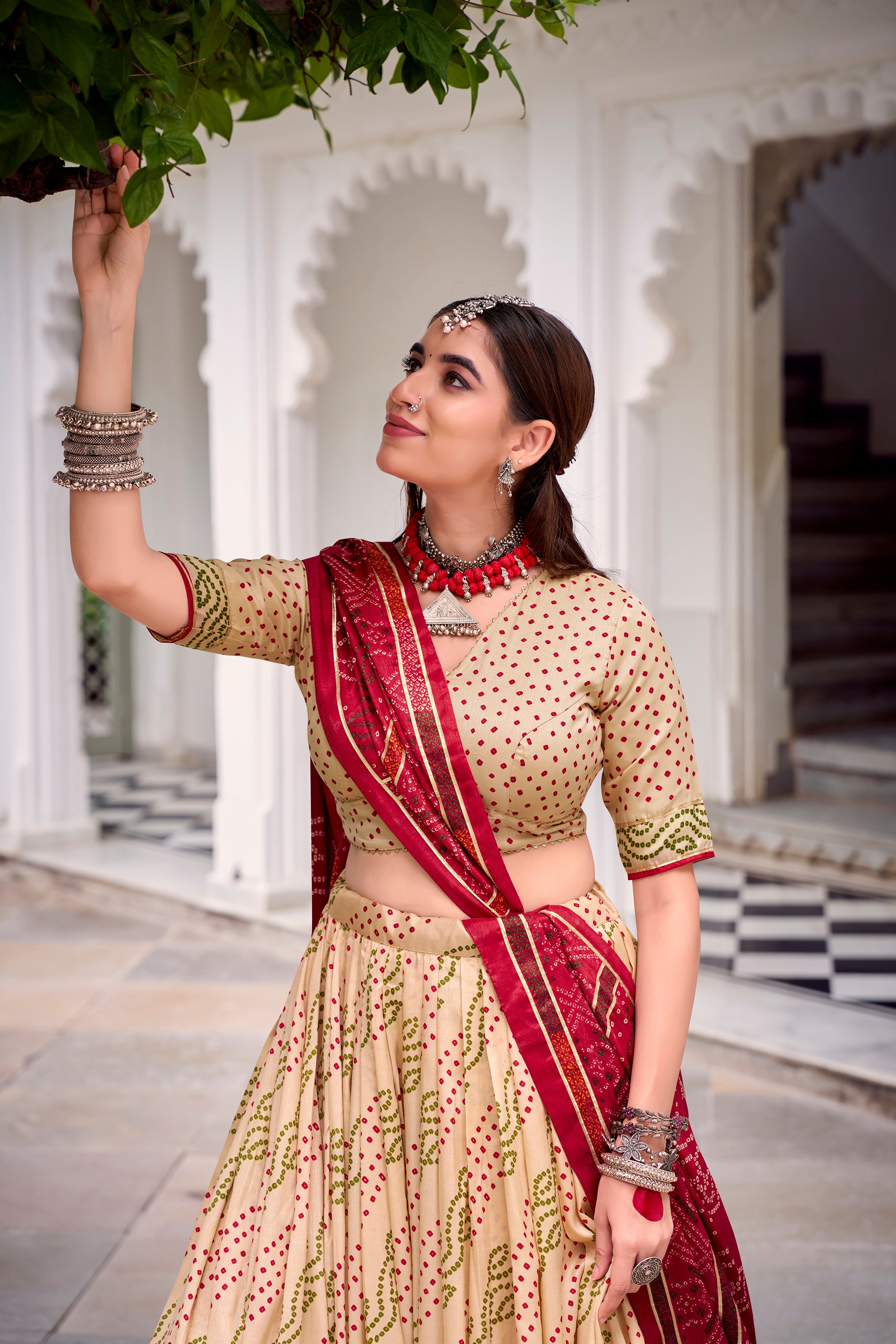 Traditional Bandhej Lehenga Choli with Contrasting Dupatta Elegance