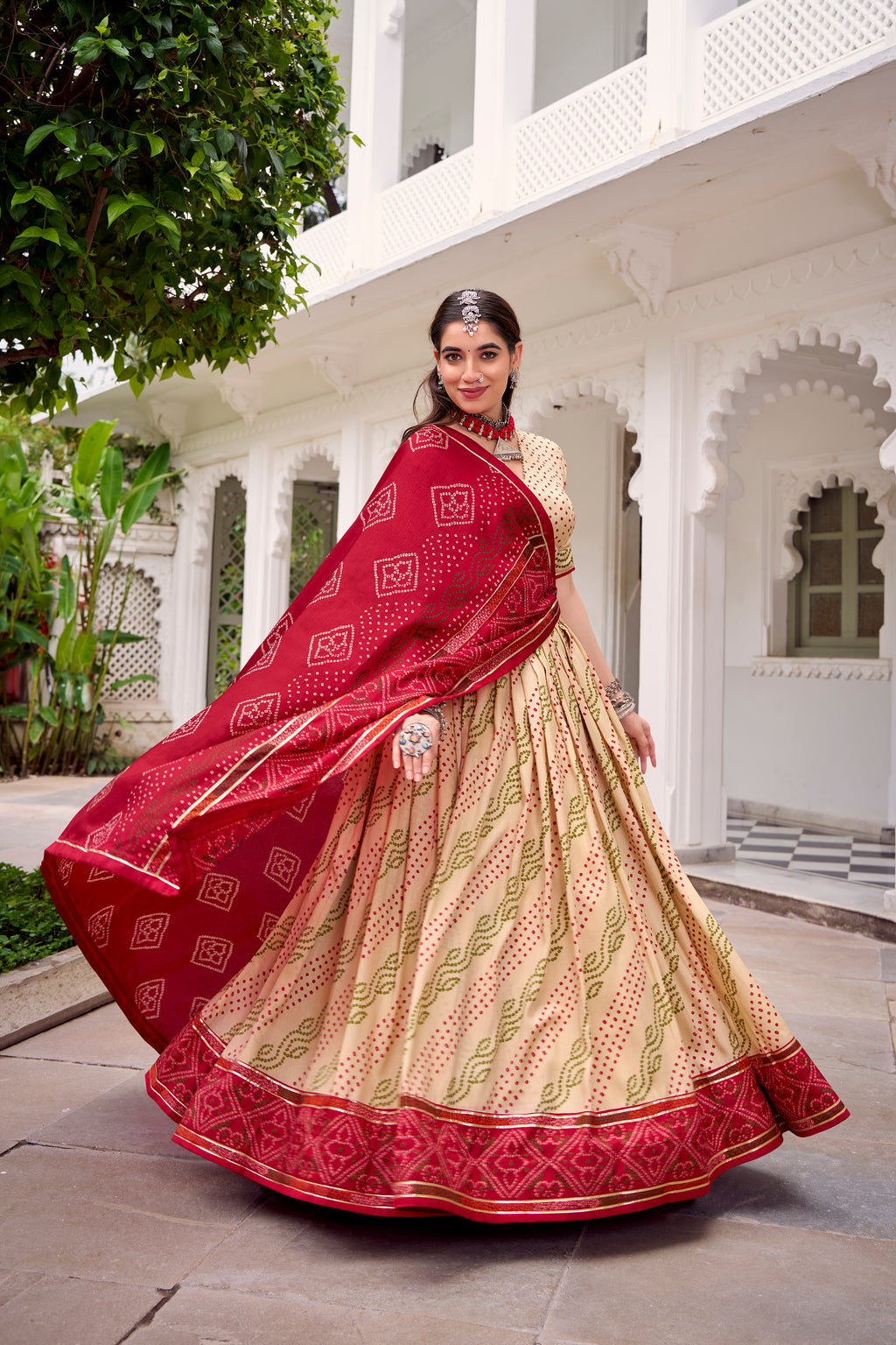 Traditional Bandhej Lehenga Choli with Contrasting Dupatta Elegance
