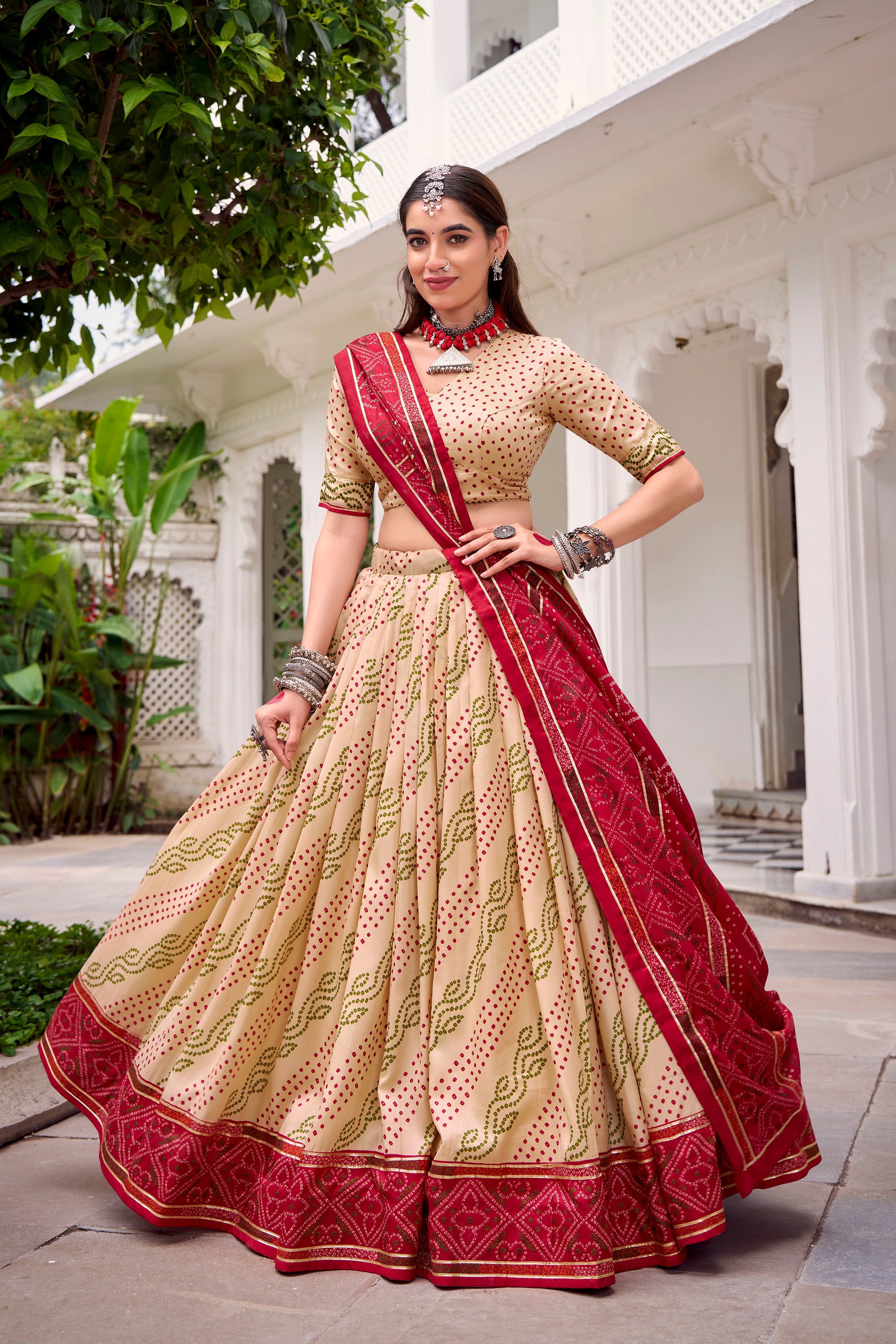 Traditional Bandhej Lehenga Choli with Contrasting Dupatta Elegance