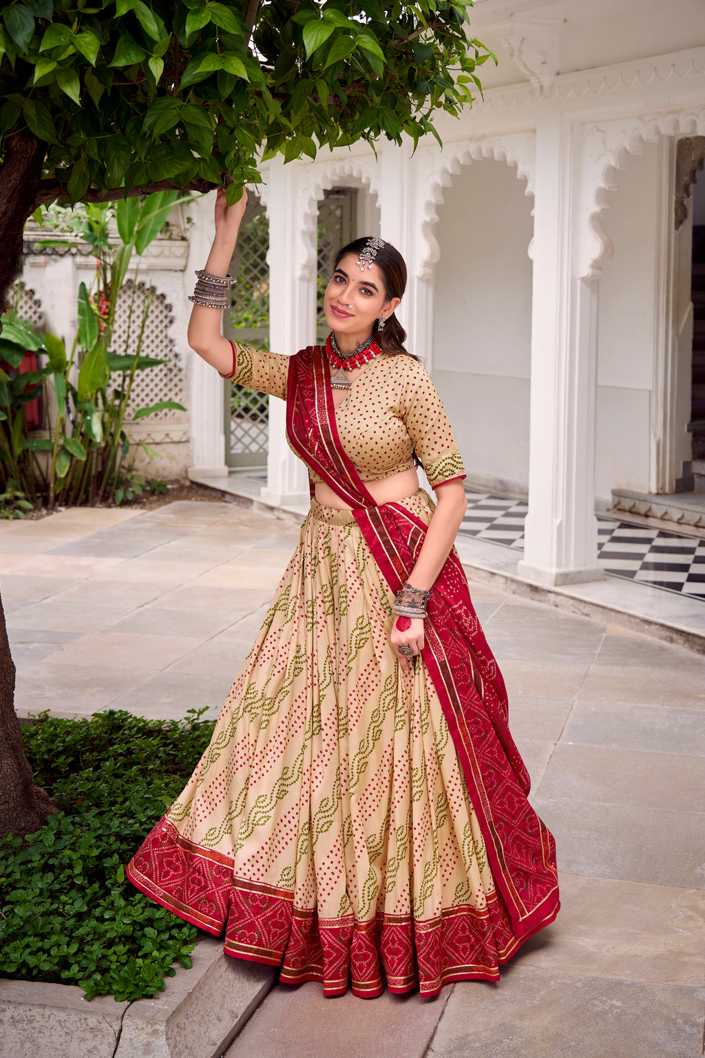 Traditional Bandhej Lehenga Choli with Contrasting Dupatta Elegance