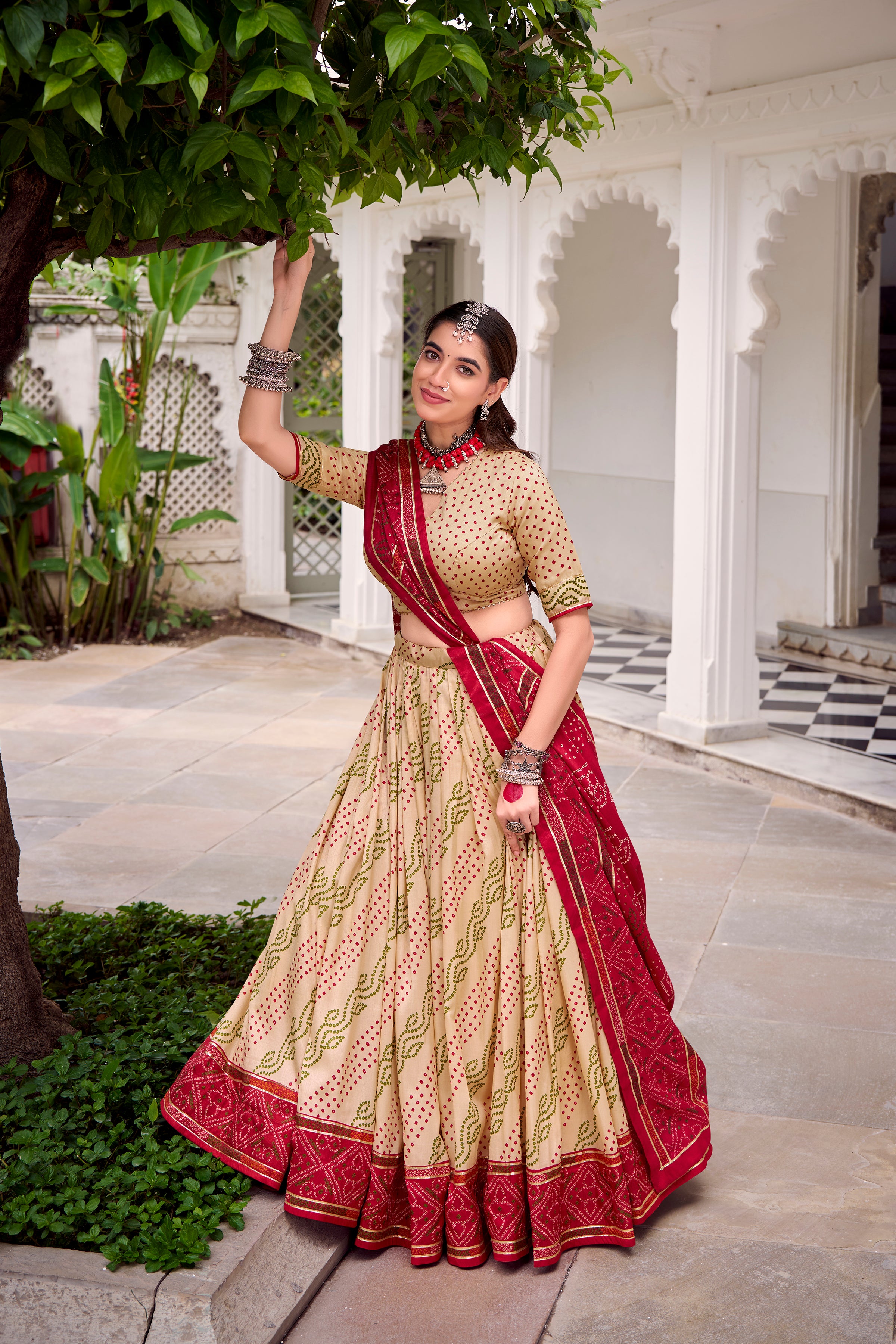 Traditional Bandhej Lehenga Choli with Contrasting Dupatta Elegance
