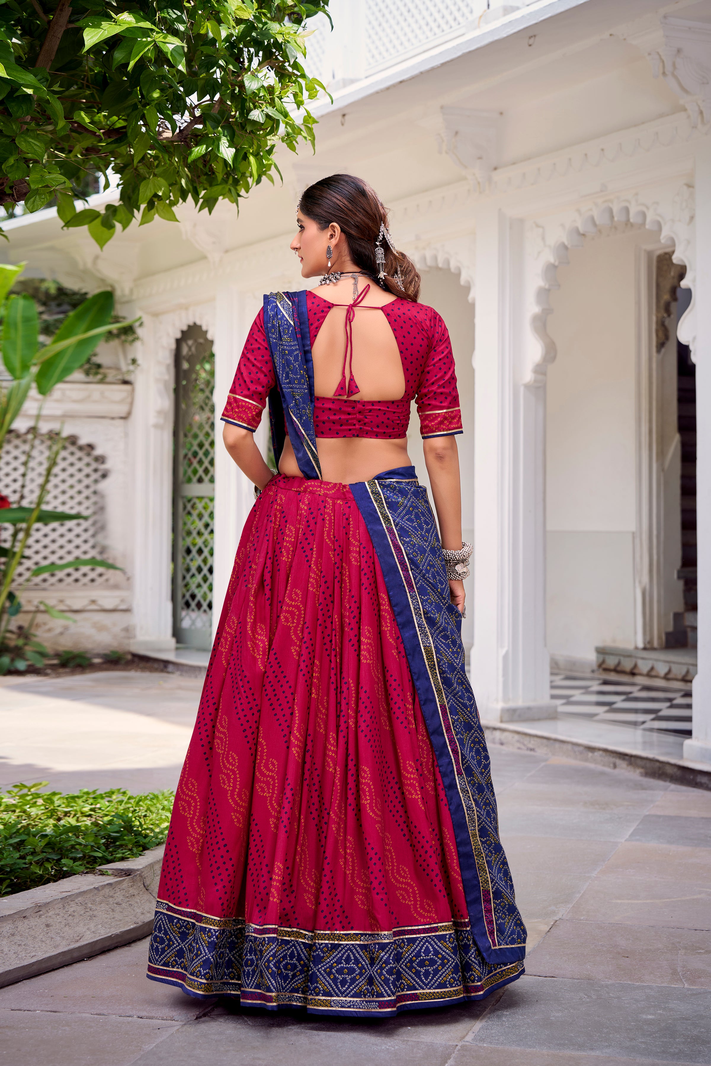 Traditional Bandhej Lehenga Choli with Contrasting Dupatta Elegance