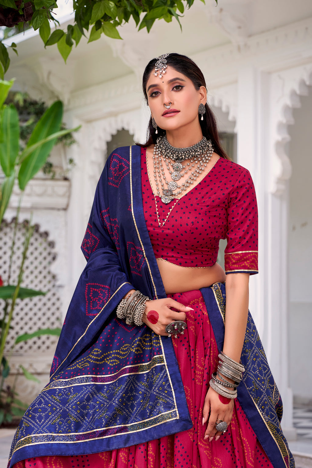 Traditional Bandhej Lehenga Choli with Contrasting Dupatta Elegance