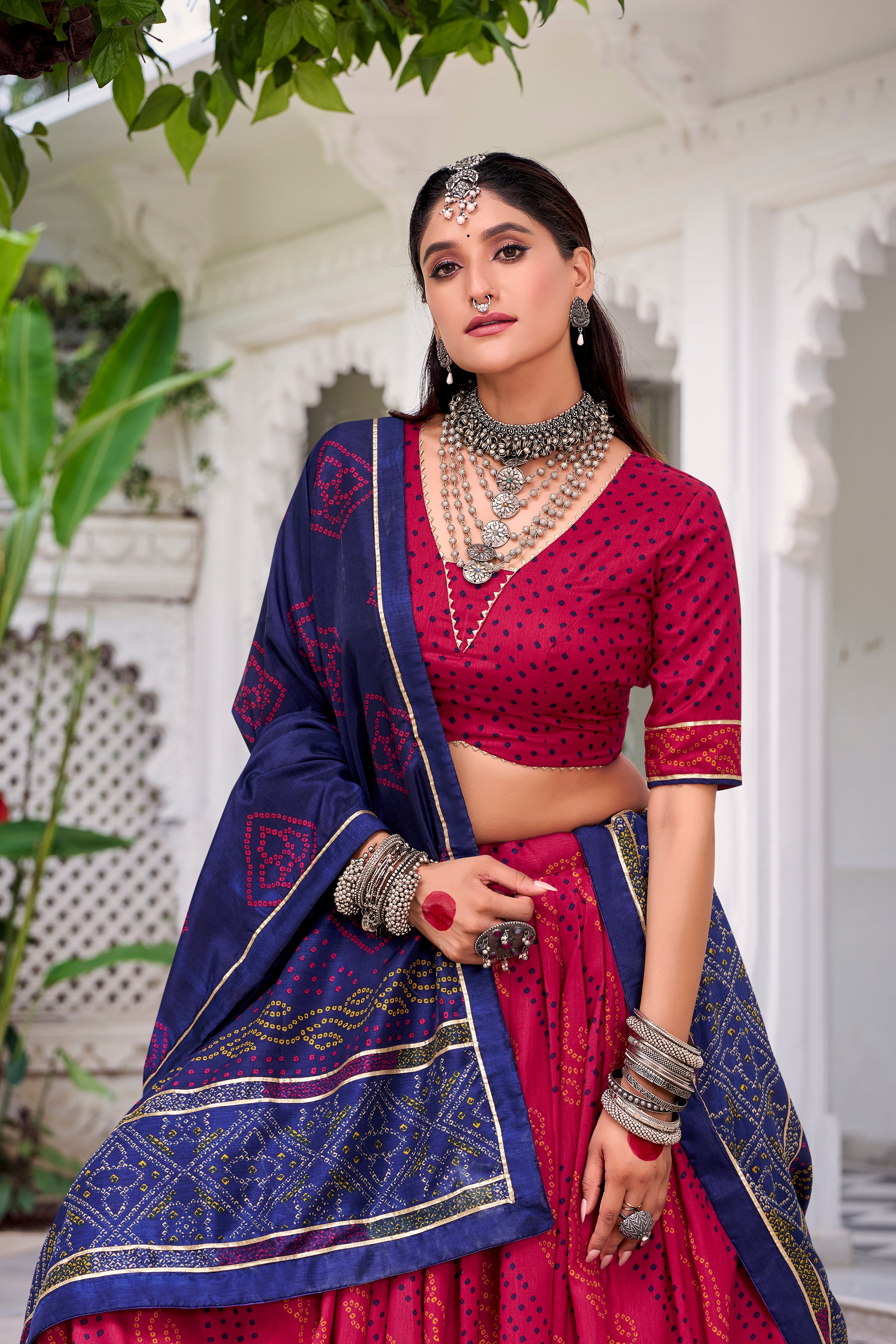 Traditional Bandhej Lehenga Choli with Contrasting Dupatta Elegance