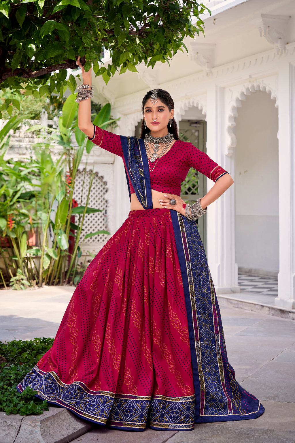 Traditional Bandhej Lehenga Choli with Contrasting Dupatta Elegance