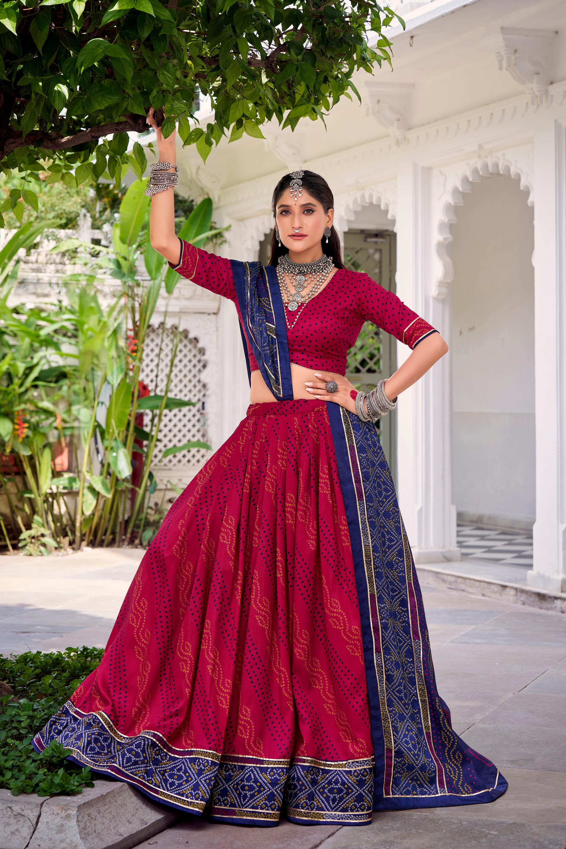 Traditional Bandhej Lehenga Choli with Contrasting Dupatta Elegance