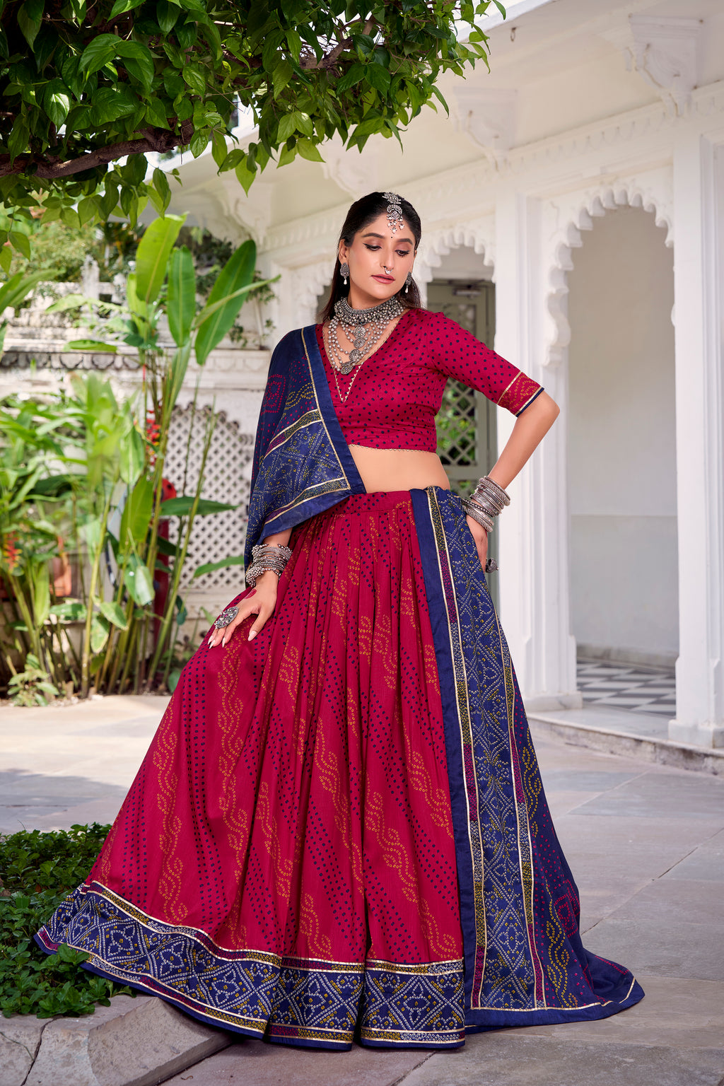 Traditional Bandhej Lehenga Choli with Contrasting Dupatta Elegance