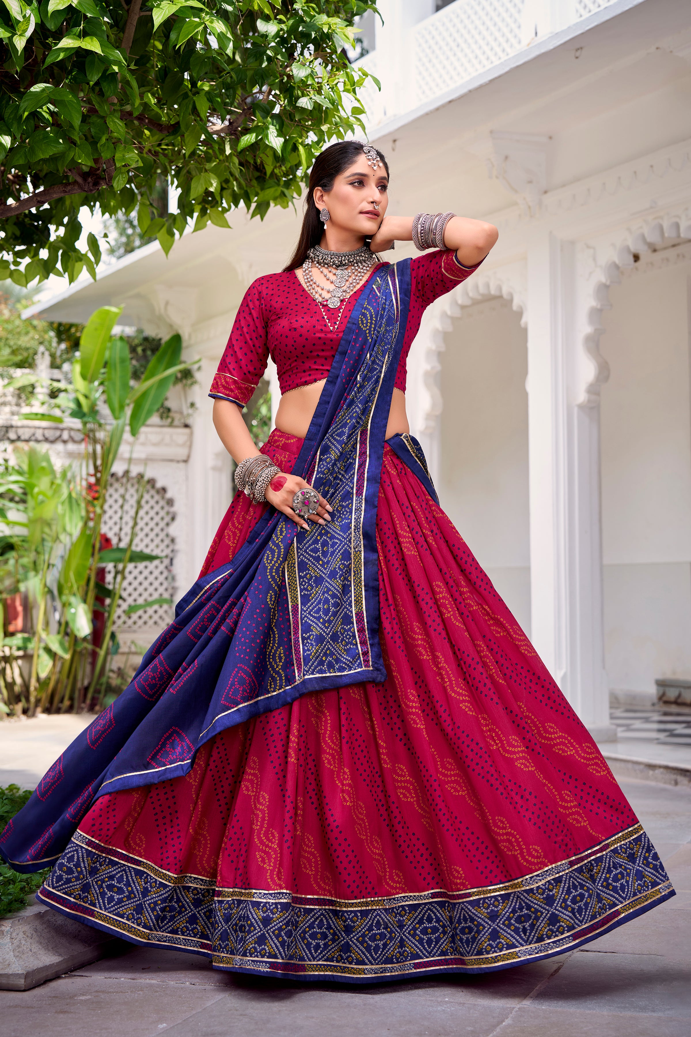 Traditional Bandhej Lehenga Choli with Contrasting Dupatta Elegance