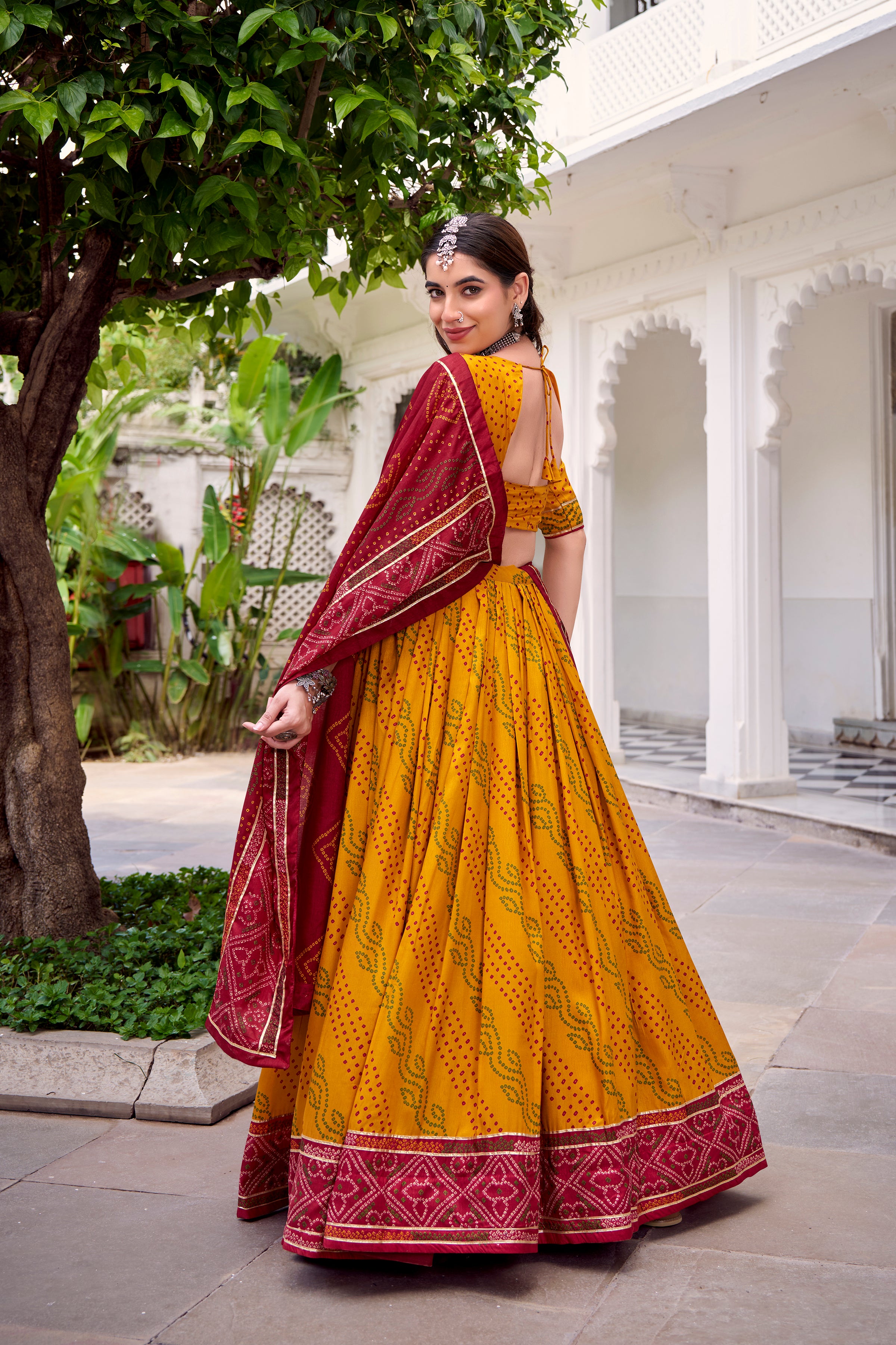 Traditional Bandhej Lehenga Choli with Contrasting Dupatta Elegance