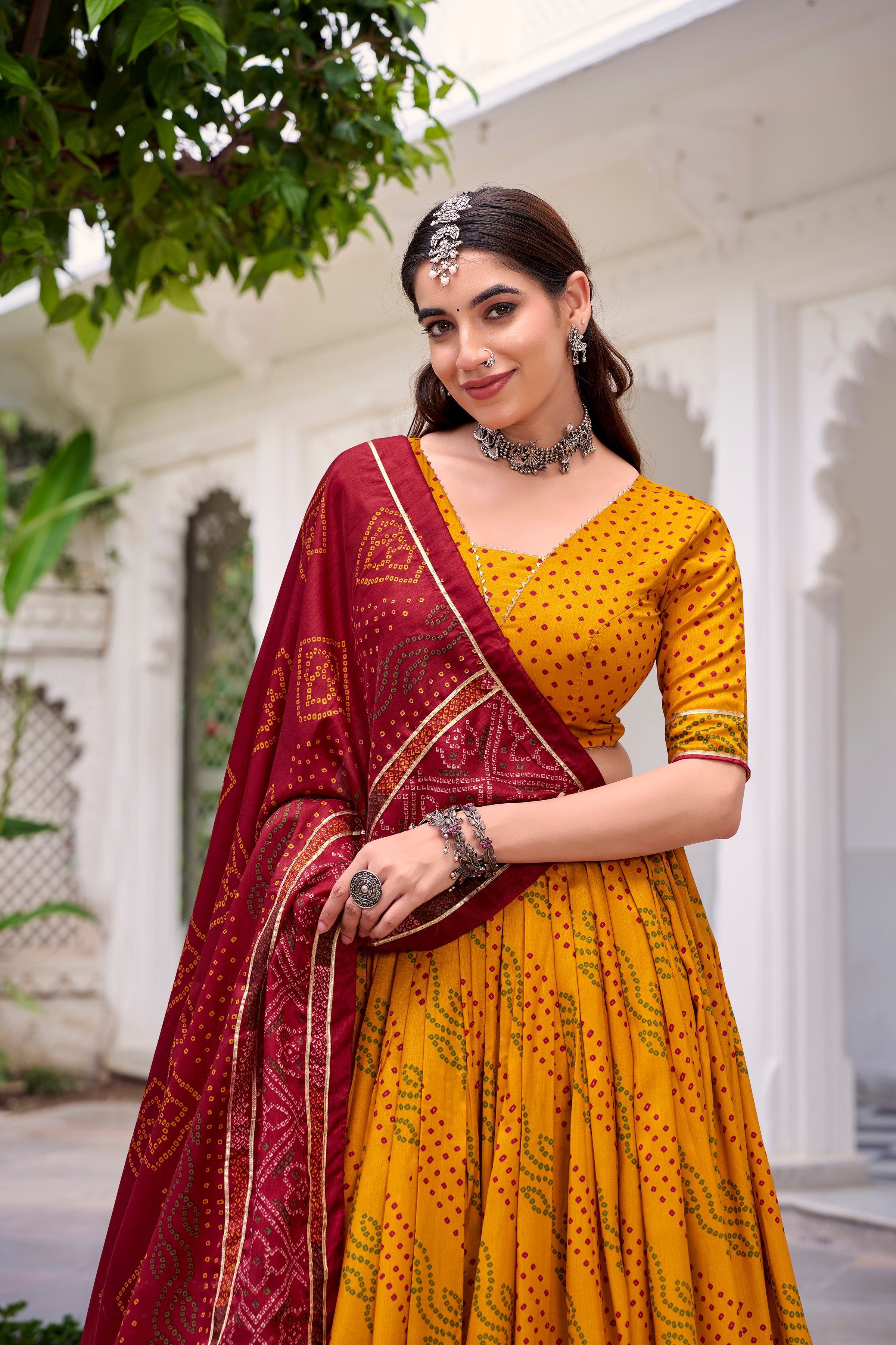 Traditional Bandhej Lehenga Choli with Contrasting Dupatta Elegance
