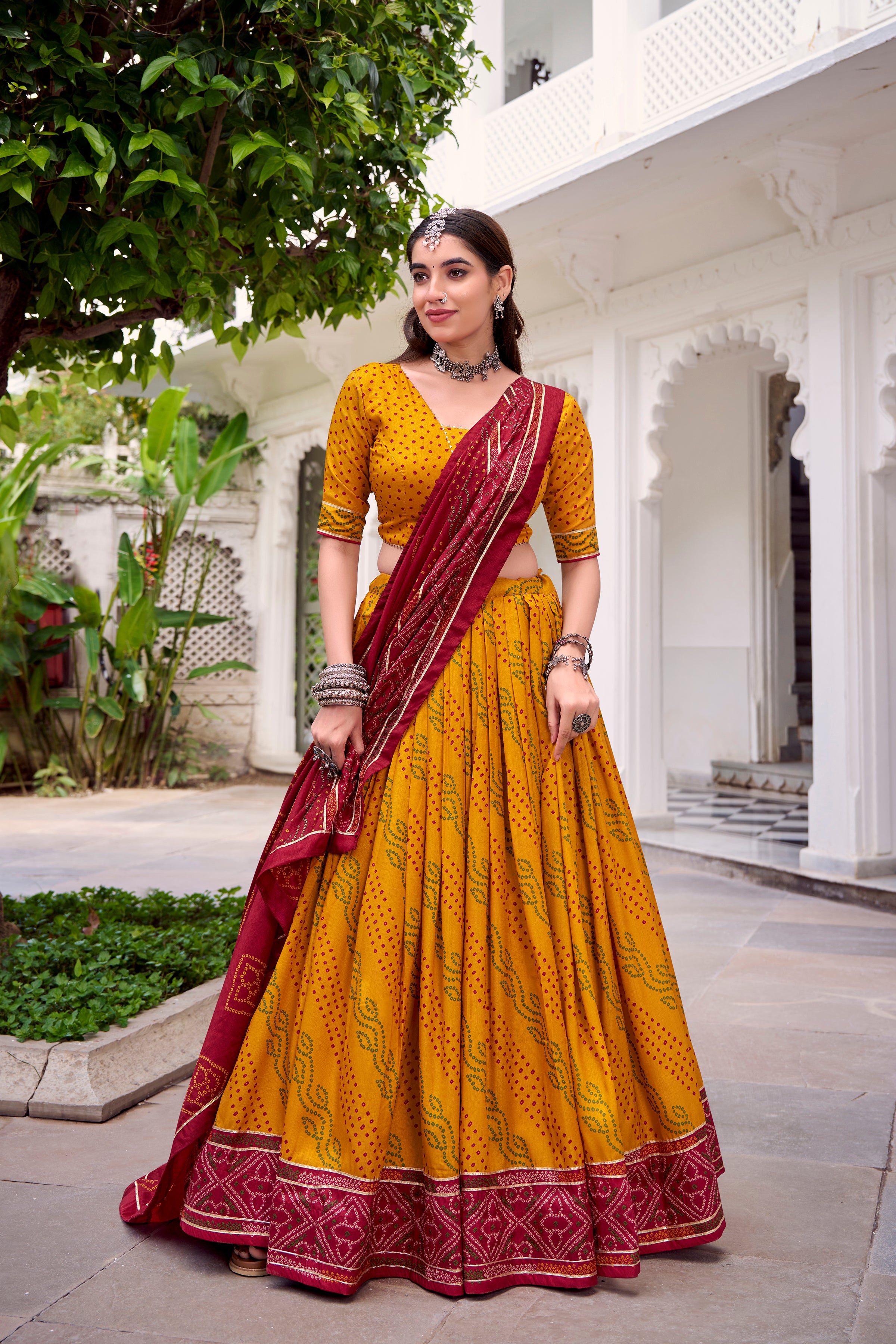 Traditional Bandhej Lehenga Choli with Contrasting Dupatta Elegance