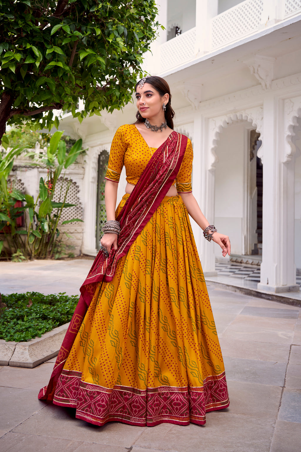 Traditional Bandhej Lehenga Choli with Contrasting Dupatta Elegance