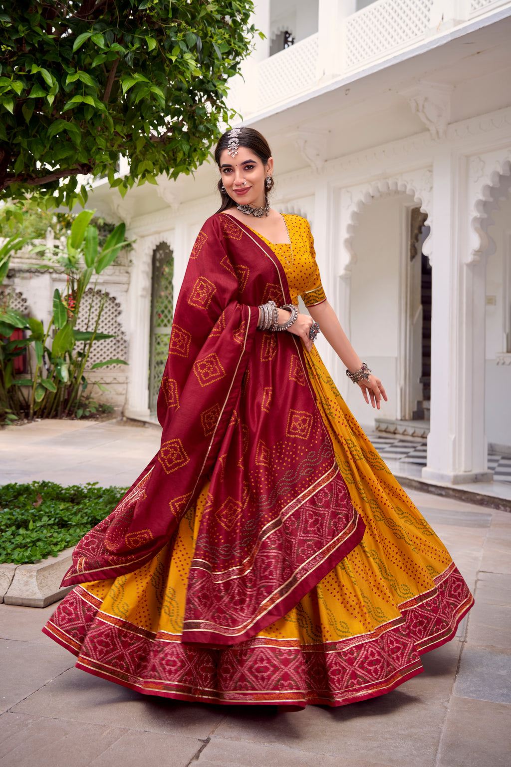 Traditional Bandhej Lehenga Choli with Contrasting Dupatta Elegance